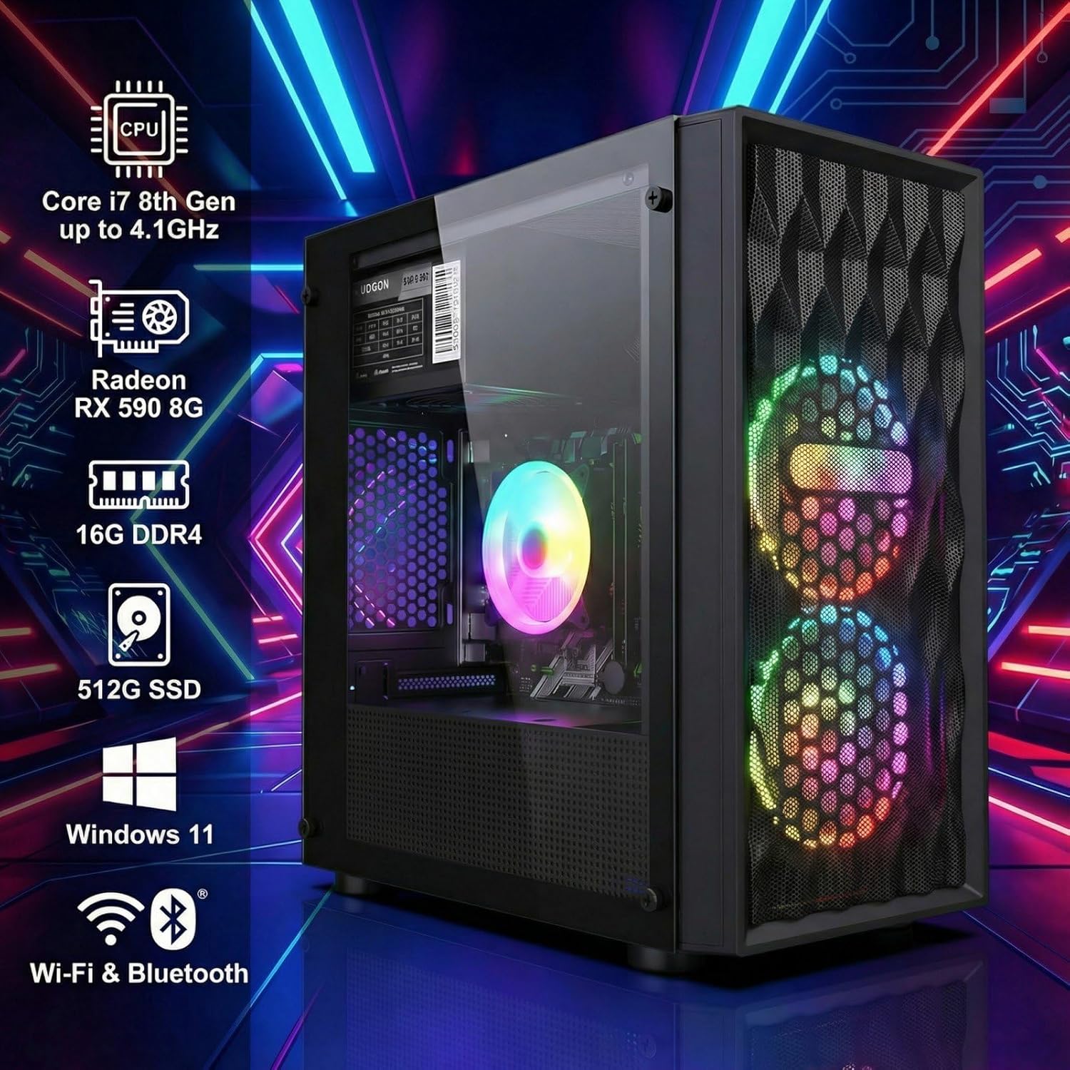 STGAubron Gaming PC Computer Desktop, Intel Core i7 8th Gen up to 4.1GHz, Radeon RX 590 8G, 16G DDR4, 512G SSD, WiFi 6 & BT 5.2, RGB Fan x2, Windows 11 Home