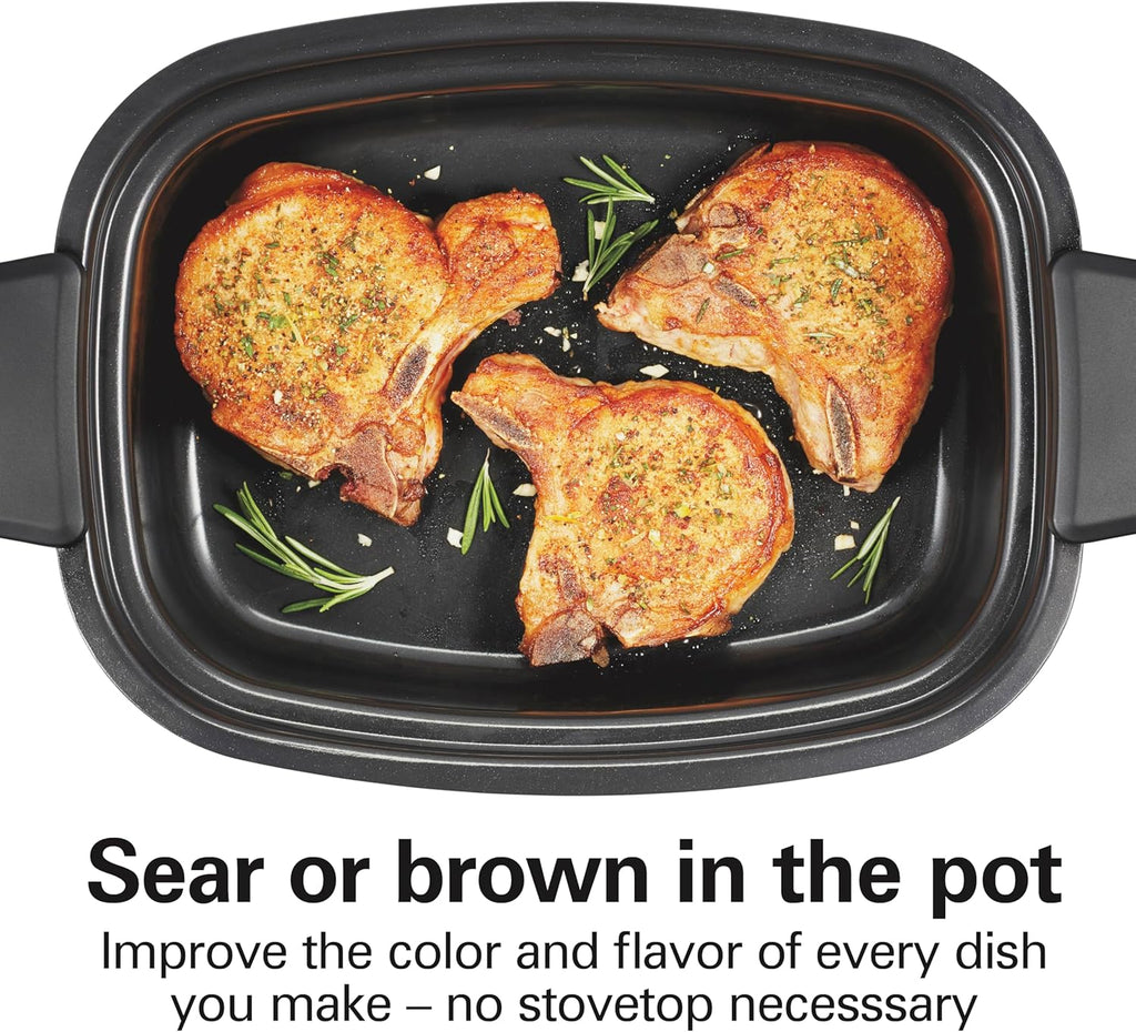 Hamilton Beach 6 Quart 9-in-1 Programmable Slow Cooker with Sear, Browning, Rice, Steam, Sauté, Roast Delay Start & Keep Warm Functions, Nonstick PFAS-Free Dishwasher Safe Crock, Black (33604)