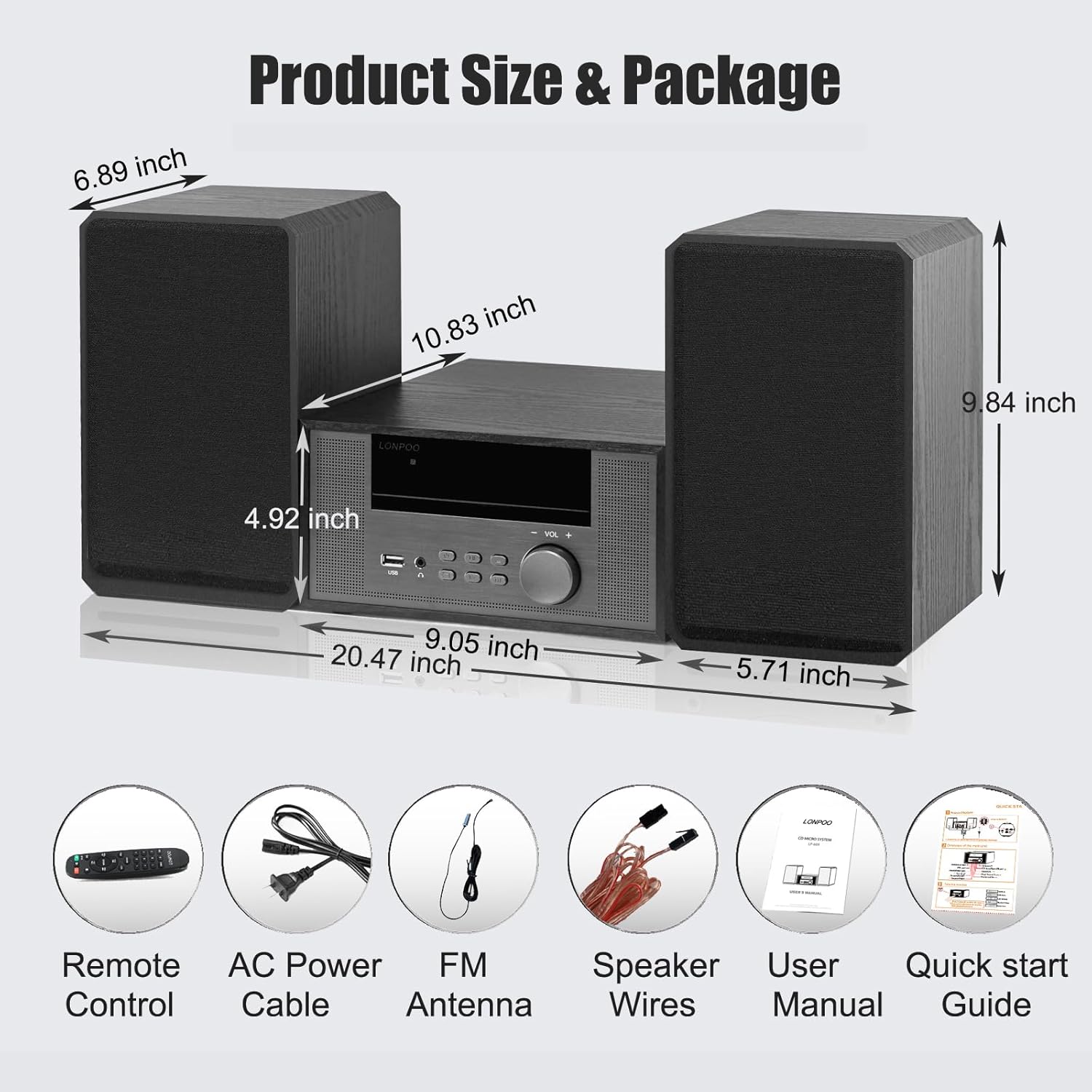 Home CD Stereo Shelf System,100W Hi-Fi Bookshelf Speskers System (with CD Player, FM Radio, Bluetooth 5.3, USB Playback, AUX-in, Headphone Jack, Remote Control, DSP-Tech