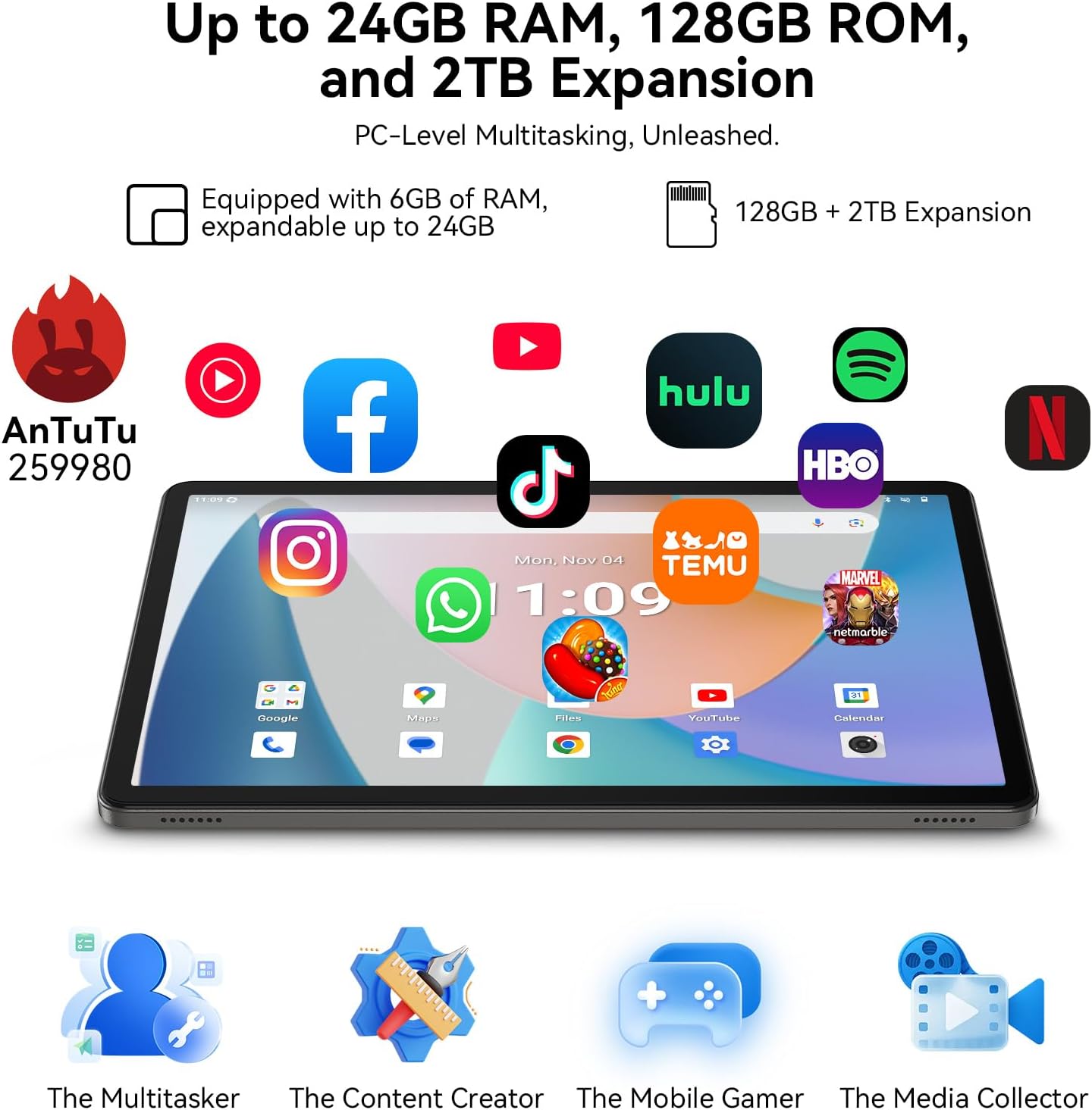 Tablet 11 Inch, Android 16 Tablet with Gemini AI, 24(6+128) GB RAM 128GB ROM Computer Tablets, Octa-Core Android Tablet with 8000mAh Battery for Work, Study, Travel & Gaming (Gray)