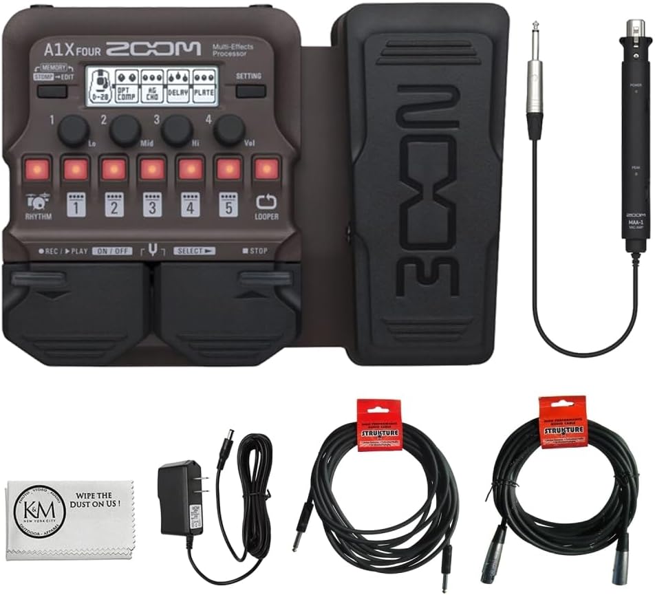 Zoom A1X FOUR Multi-Effects Processor Bundle with XLR Microphone Cable + Instrument Cable + Power Adapter + Cloth (5 Items)