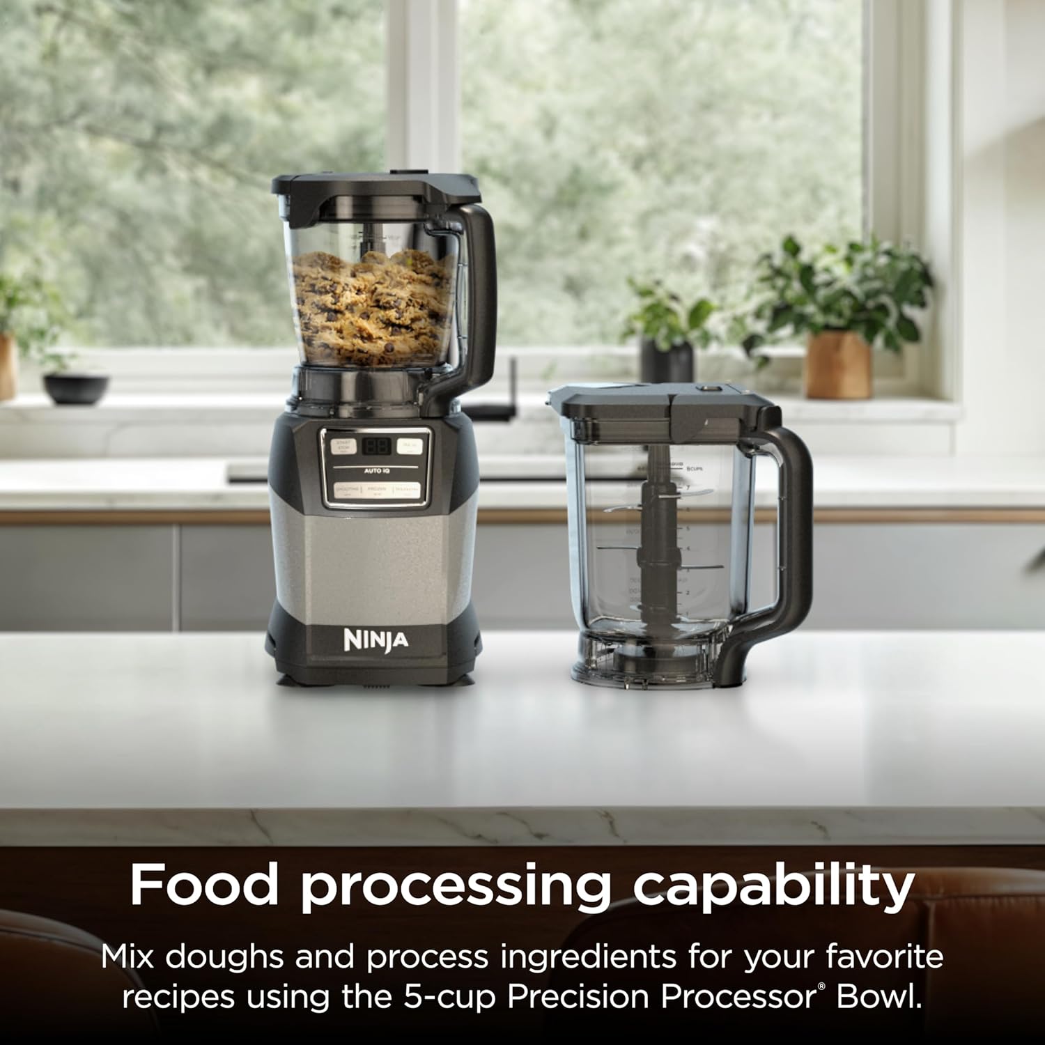 Ninja Blender, Compact Kitchen System, 1200W, 3 Functions for Smoothies, Dough & Frozen Drinks with Auto-IQ, 72-oz.* Blender Pitcher, 40-oz. Processor Bowl & 18-oz. Single-Serve Cup, Grey, AMZ493BRN