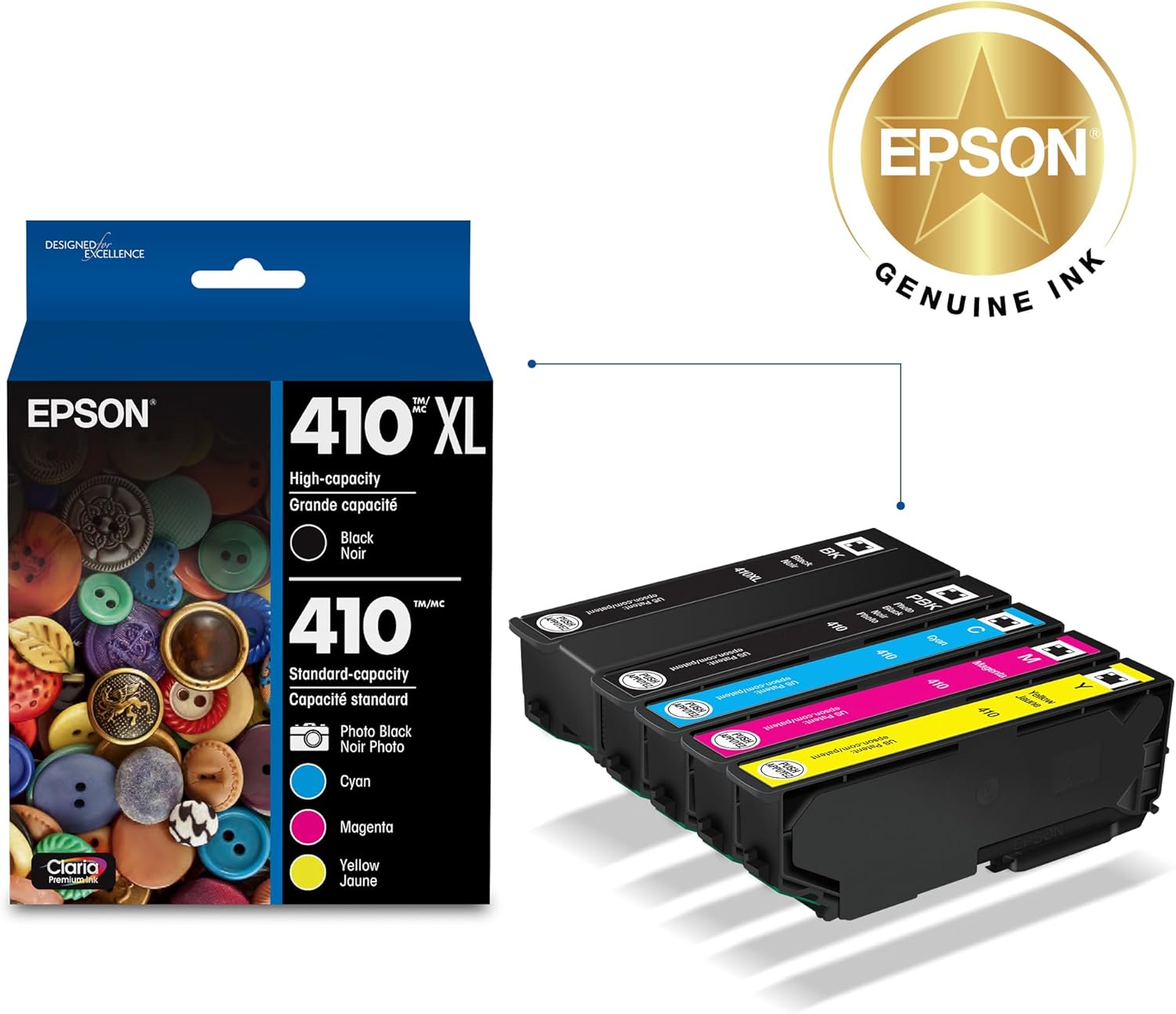 EPSON 410 Claria Premium Ink High Capacity Black & Standard Color Cartridge Combo Pack (T410XL-BCS) Works with Expression XP-530, 630, 640, 7100, 830