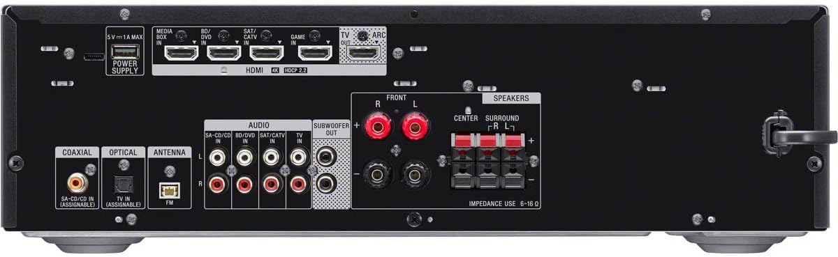 Sony STRDH590 5.2 Channel Surround Sound Home Theater Receiver: 4K HDR AV Receiver with Bluetooth, Black Bundle + H&A HDMI Cable & 100Ft 16 AWG Wire Cable + 6 Pairs Speaker Connector Banana Plugs