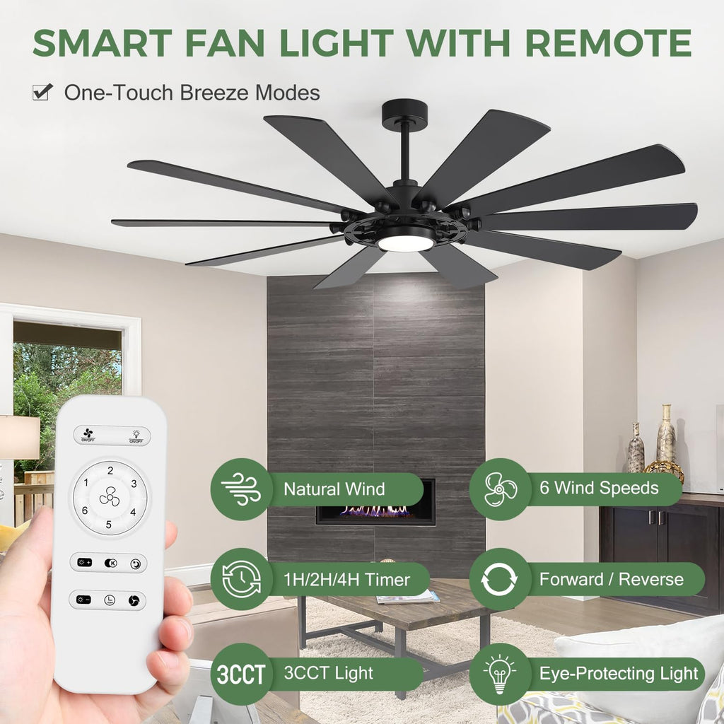 72-Inch Large Room Ceiling Fan with LED Light, 10-Blade Industrial Windmill Fan, Quiet DC Motor with Remote Control, Modern Downrods Mount Ceiling Fan for Great Room, Living Room, Bedroom, Shop
