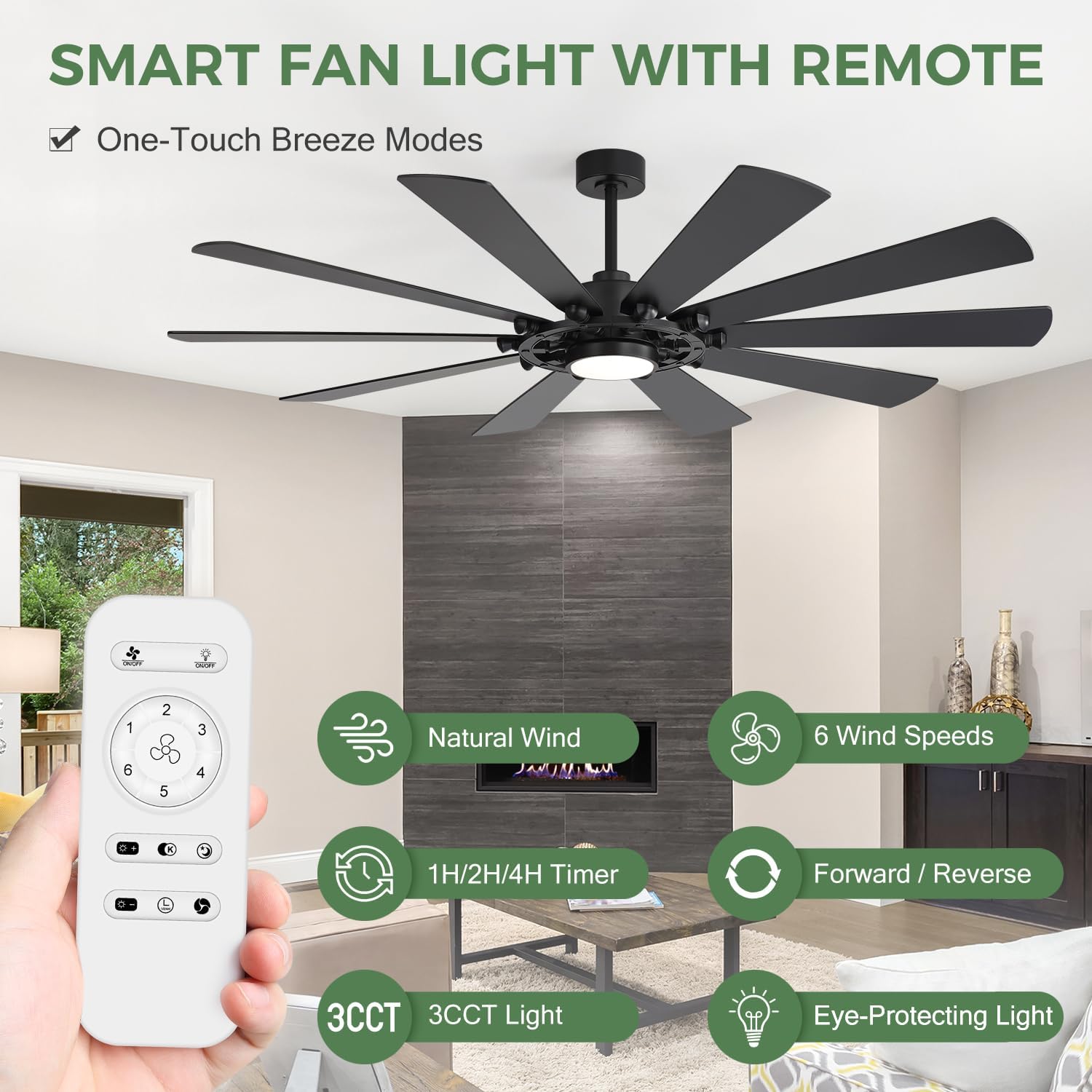 72-Inch Large Room Ceiling Fan with LED Light, 10-Blade Industrial Windmill Fan, Quiet DC Motor with Remote Control, Modern Downrods Mount Ceiling Fan for Great Room, Living Room, Bedroom, Shop