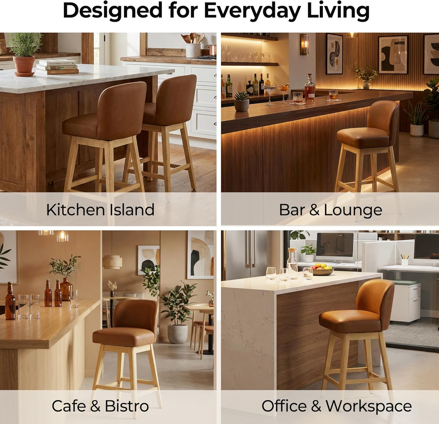 CHITA 26.8" Swivel Counter Height Bar Stools, Modern Upholstered Counter Stools with Back and Wood Legs for Kitchen Island, Home Bar, Set of 2, Saddle Brown Faux Leather