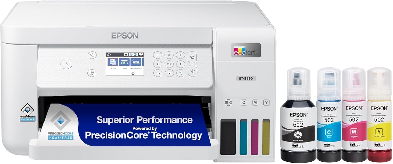 Epson EcoTank ET-3830 Wireless Color All-in-One Cartridge-Free Supertank with Scan Copy, Auto 2-Sided Printing and Ethernet, The Perfect Printer Productive Families, White