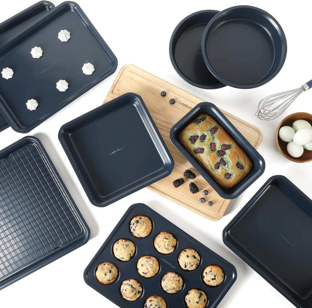 Calphalon Legacy 10-Pieces Nonstick Bakeware Set PFOA-Free, Baking Sheet Set, Baking Pans Set, Carbon Steel Bakeware Pans Collection, High-Heat Oven Safe, for Cookies, Cakes, and Muffins -Navy Blue