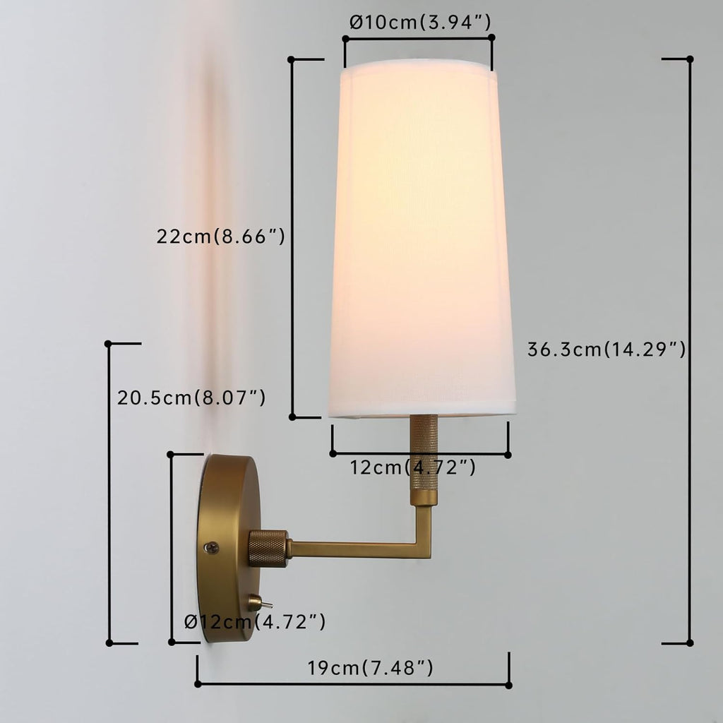 Brass Wall Sconces Set of Two, Hardwired White Fabric Shade Wall Lamps, Bathroom Vanity Lights Fixture with Switch, Indoor Wall Lights for Bedroom Living Room Corridor