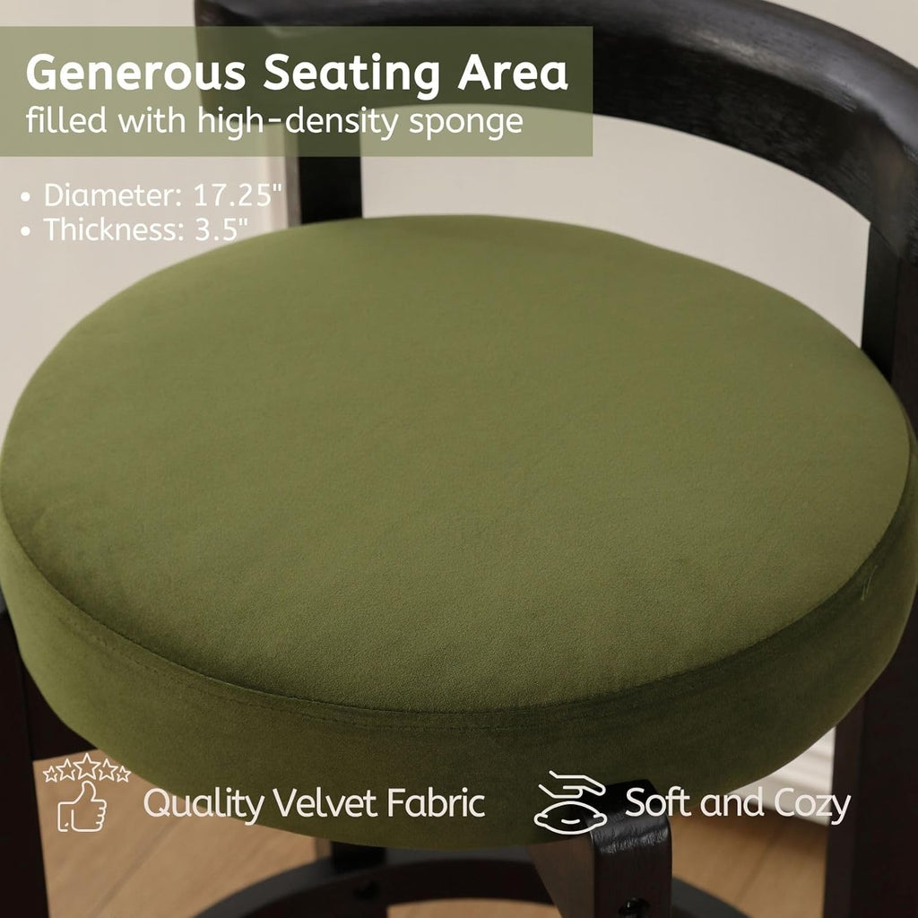 LukeAlon Mid Century Velvet Counter Stools Set of 6, Upholstered 26.5” Seat Height Barstools with Black Wood Legs Retro Modern Round Kitchen Stools with Footrest for Dining Room Bar Coffee Shop, Green