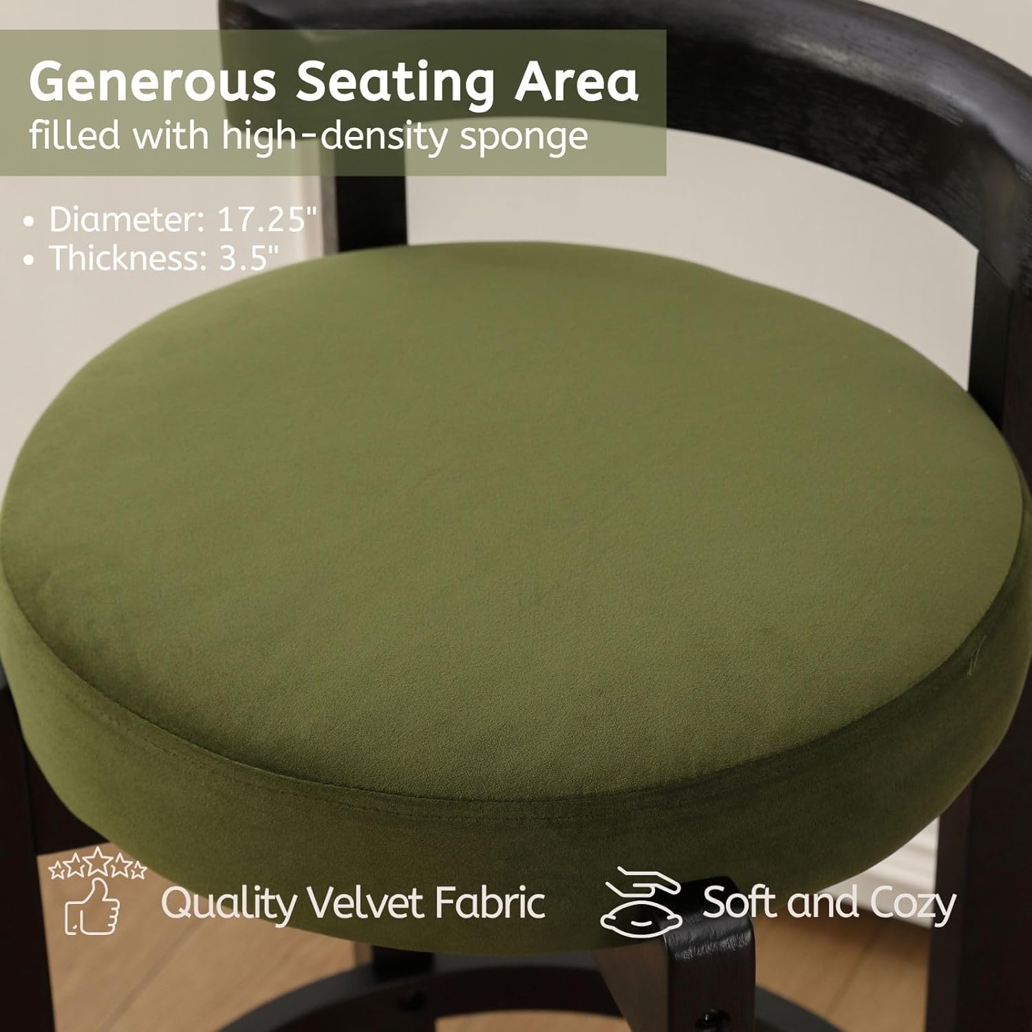 LukeAlon Mid Century Velvet Counter Stools Set of 6, Upholstered 26.5” Seat Height Barstools with Black Wood Legs Retro Modern Round Kitchen Stools with Footrest for Dining Room Bar Coffee Shop, Green