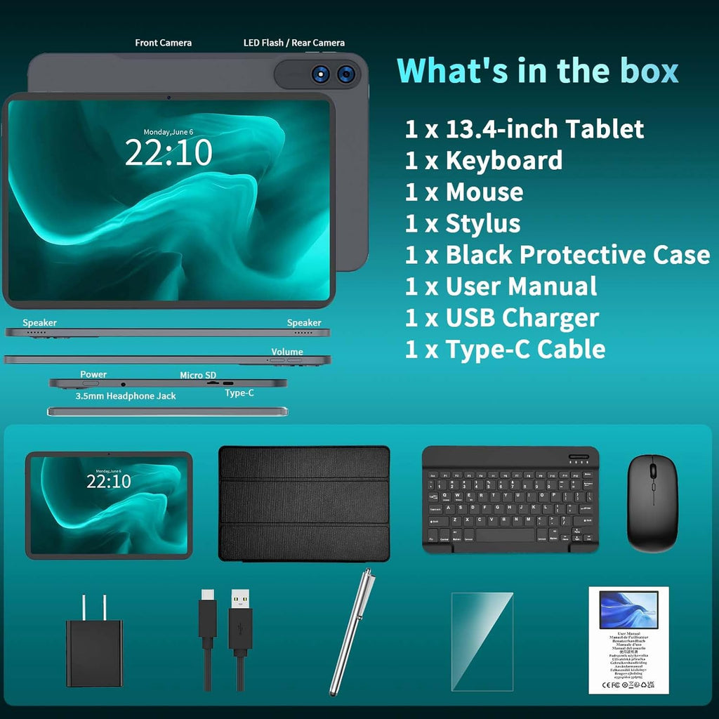 13 Inch Tablet, Android 16 Tablet with Keyboard, 32GB+256GB+2TB Expand, 120Hz 1920x1200 IPS Display, Gemini AI, 10000mAh, 8-Core, Wi-Fi, GPS, Large Screen 2K Tablet PC with Case, Mouse, Stylus(Black)