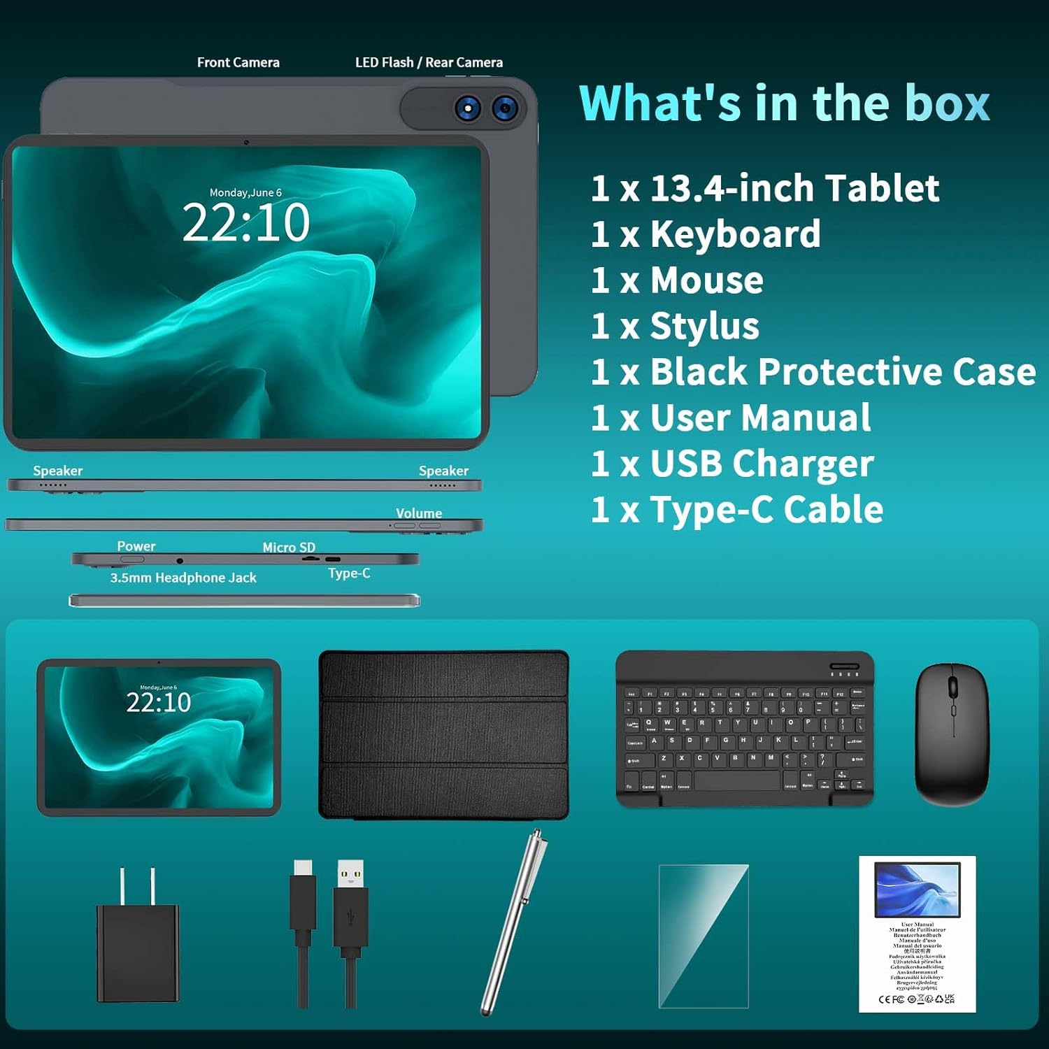 13 Inch Tablet, Android 16 Tablet with Keyboard, 32GB+256GB+2TB Expand, 120Hz 1920x1200 IPS Display, Gemini AI, 10000mAh, 8-Core, Wi-Fi, GPS, Large Screen 2K Tablet PC with Case, Mouse, Stylus(Black)