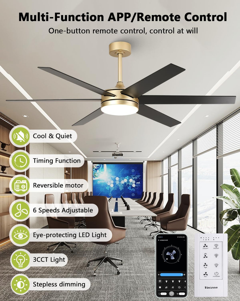 60 Inch Large Gold Ceiling fan with Lights and Remote/APP, Modern Black and Gold Ceiling Fan for bedroom Living Room Shop with 3CCT, 6-Speeds, Timer, 5 Blade Indoor Sleek Brass Fandelier
