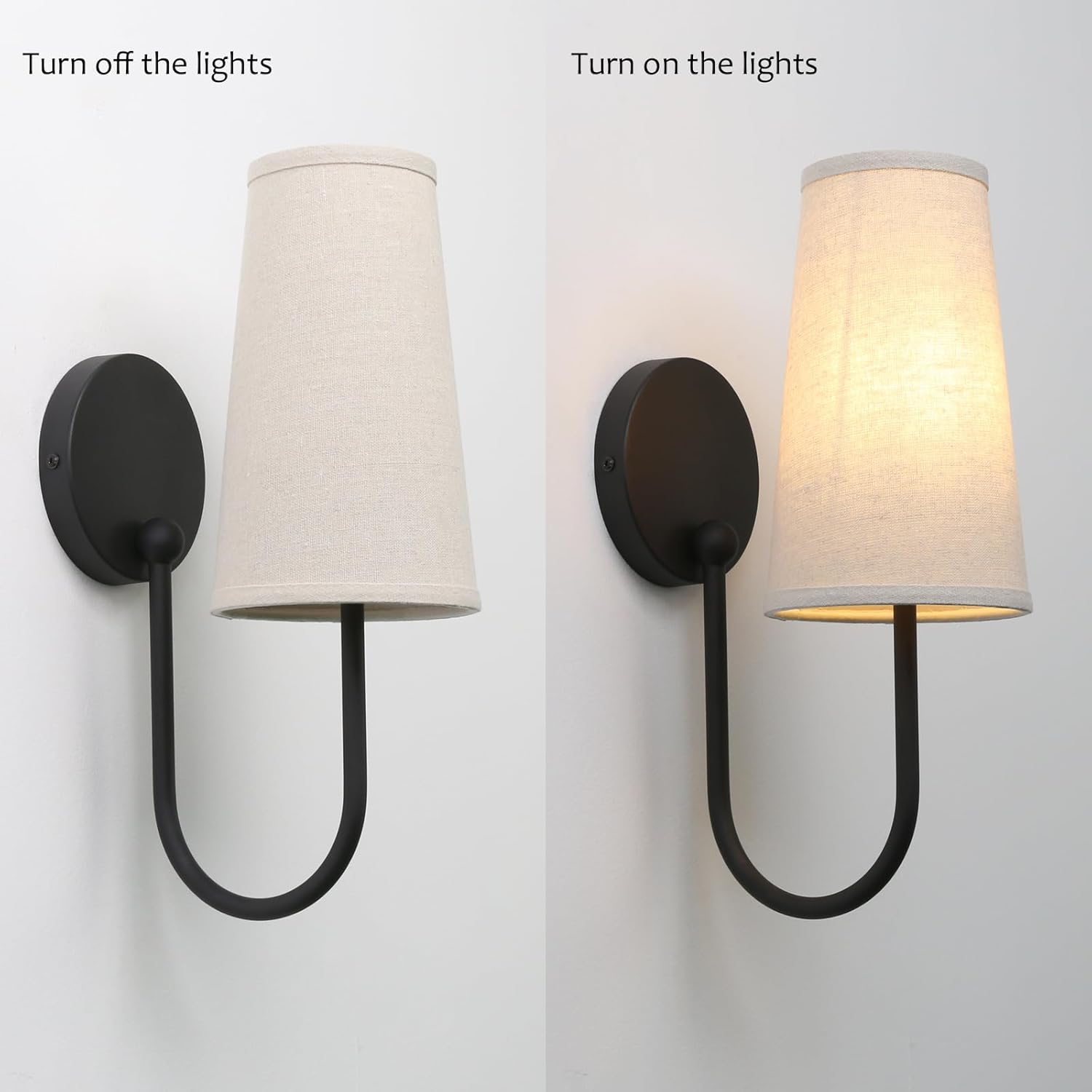 Pathson Set of 2 Linen Fabric Wall Sconces, Hardwired Curved Arm Bathroom Vanity Light with Cone Cloth Shade, Black Indoor Wall Decor Lamp for Living Room, Kitchen, Bedroom, Foyer