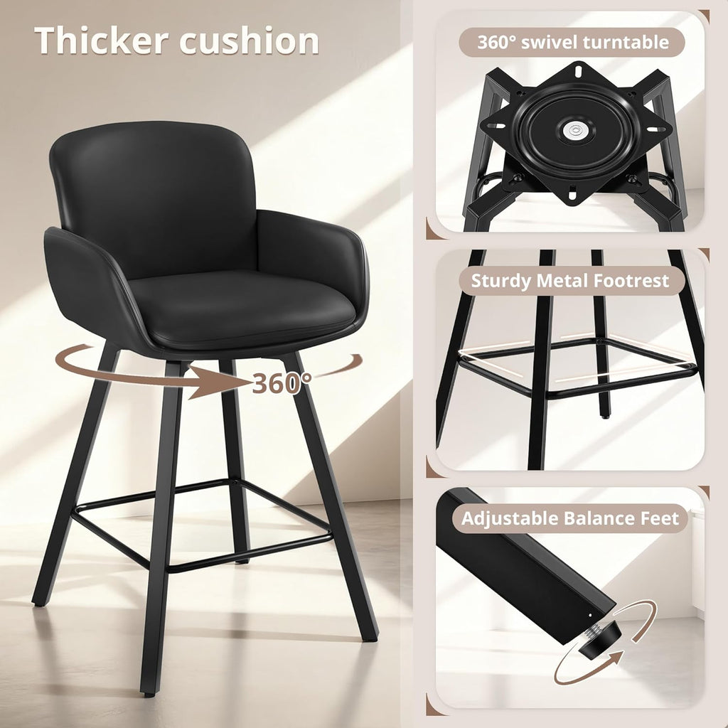 LUE BONA 26" Swivel Bar Stools Set of 4, Counter Height Bar Stools with Backrest and Arms, Modern Upholstered Barstools with Metal Legs for Kitchen Island, Black