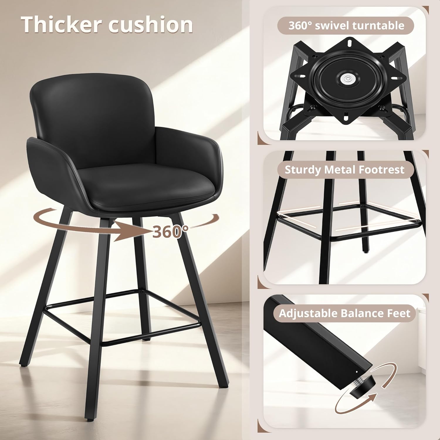 LUE BONA 26" Swivel Bar Stools Set of 4, Counter Height Bar Stools with Backrest and Arms, Modern Upholstered Barstools with Metal Legs for Kitchen Island, Black