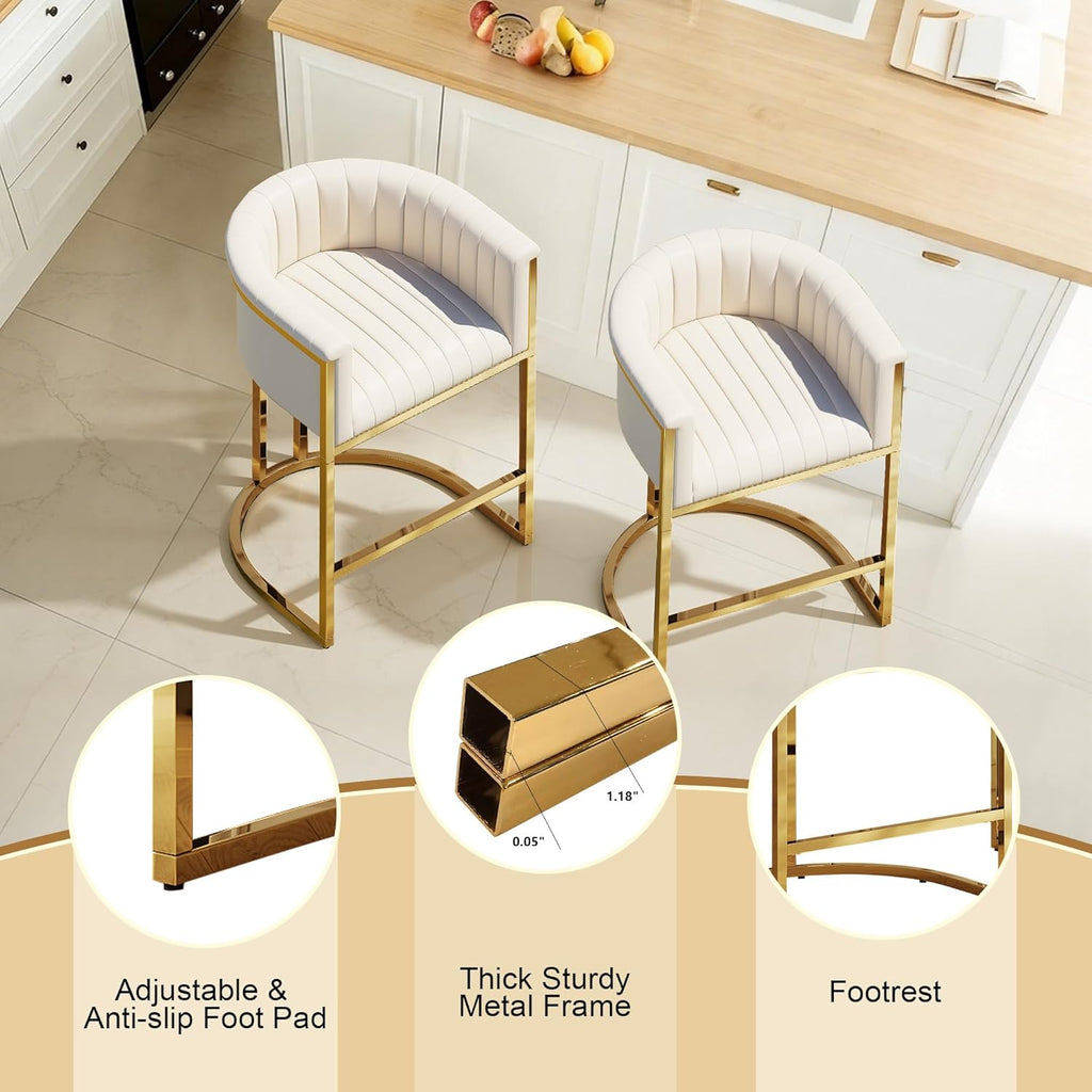 26" H Counter Height Bar Stools Set of 3, Modern Barrel Counter Stools with Backrest and Arms, Faux Leather Upholstered Accent Barstools for Kitchen Island, Gold Metal Frame/Ivory White