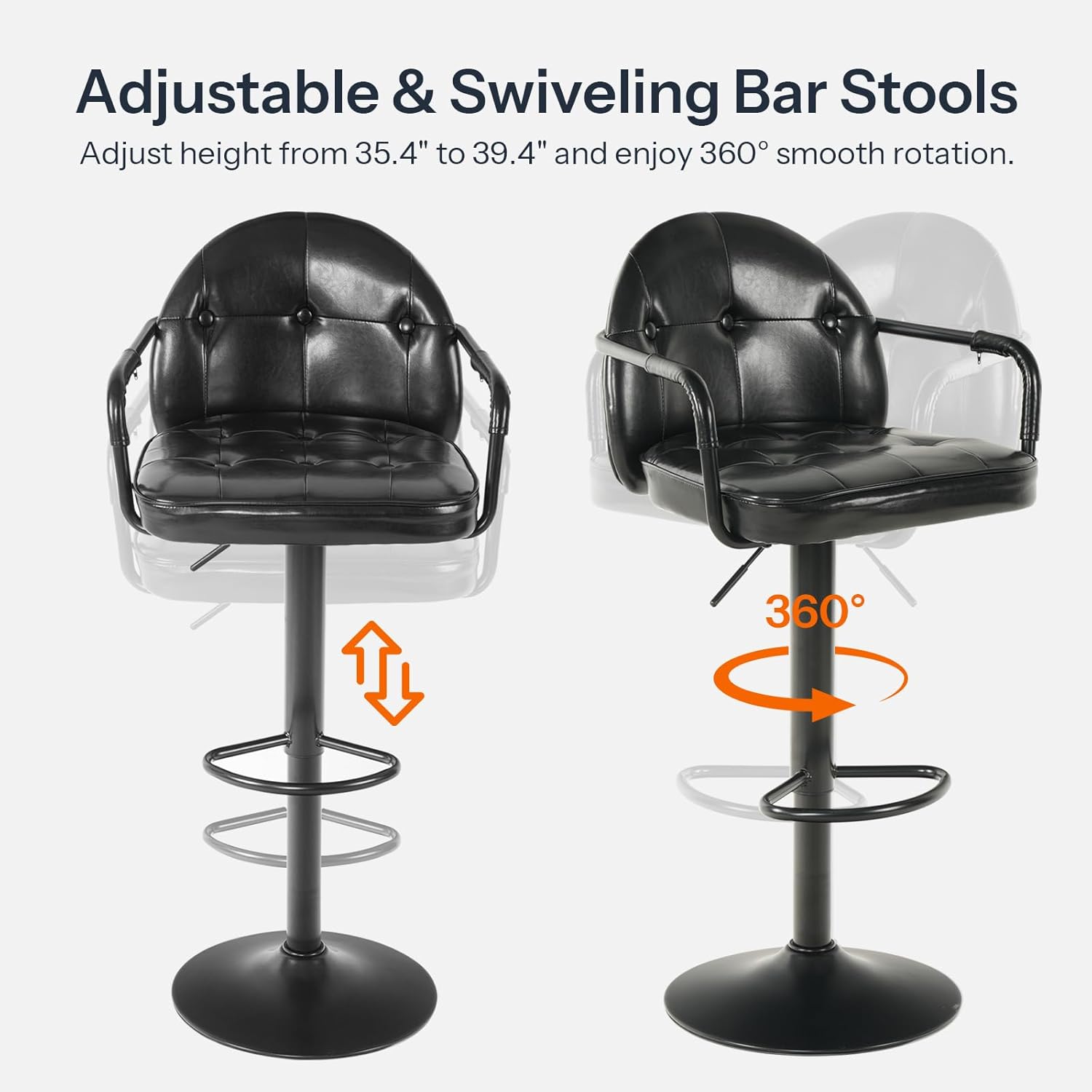 HOOBRO Adjustable Bar Stools, Swivel Bar Stools with Arms and Footrest, PU Upholstered Counter Height Stools, Bar Chairs with Metal Base, for Kitchen, Bar, Living Room, Black BB85BYP201