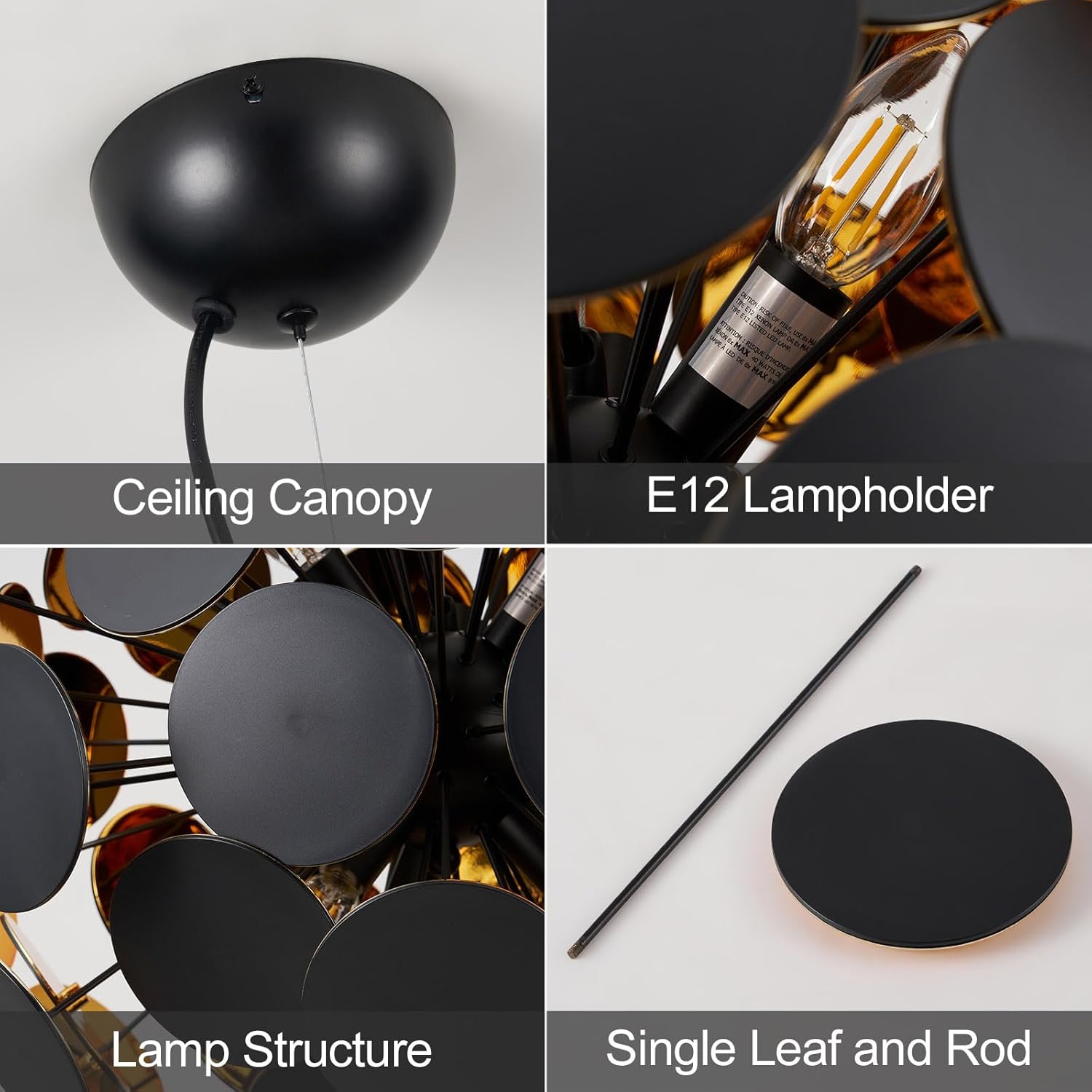Art-Decor Modern Dandelion Chandeliers, Sputnik Firework Chandelier Light Fixture Pendant Lighting for Living Room Dining Room Bedroom Kitchen Shop, 6 Lights E12 Base, Black + Gold, ￠20”