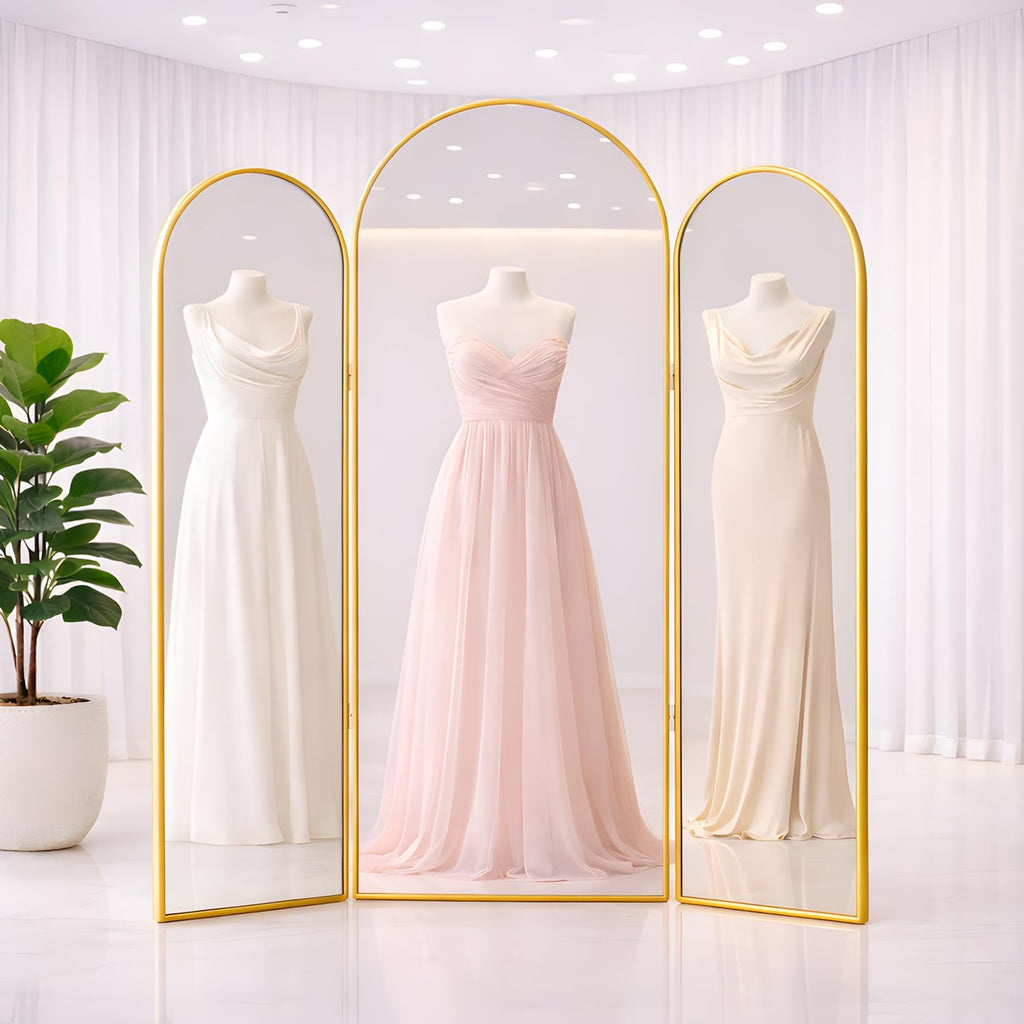 3 Way Arched Full Length Mirror Free Standing, 71"x 52" Large Modern Trifold Mirror with 3 Panel Tempered Glass & Metal Frame, for Dressing Room, Bridal Shop,Clothing Store (Gold, 71"L x 52"W)