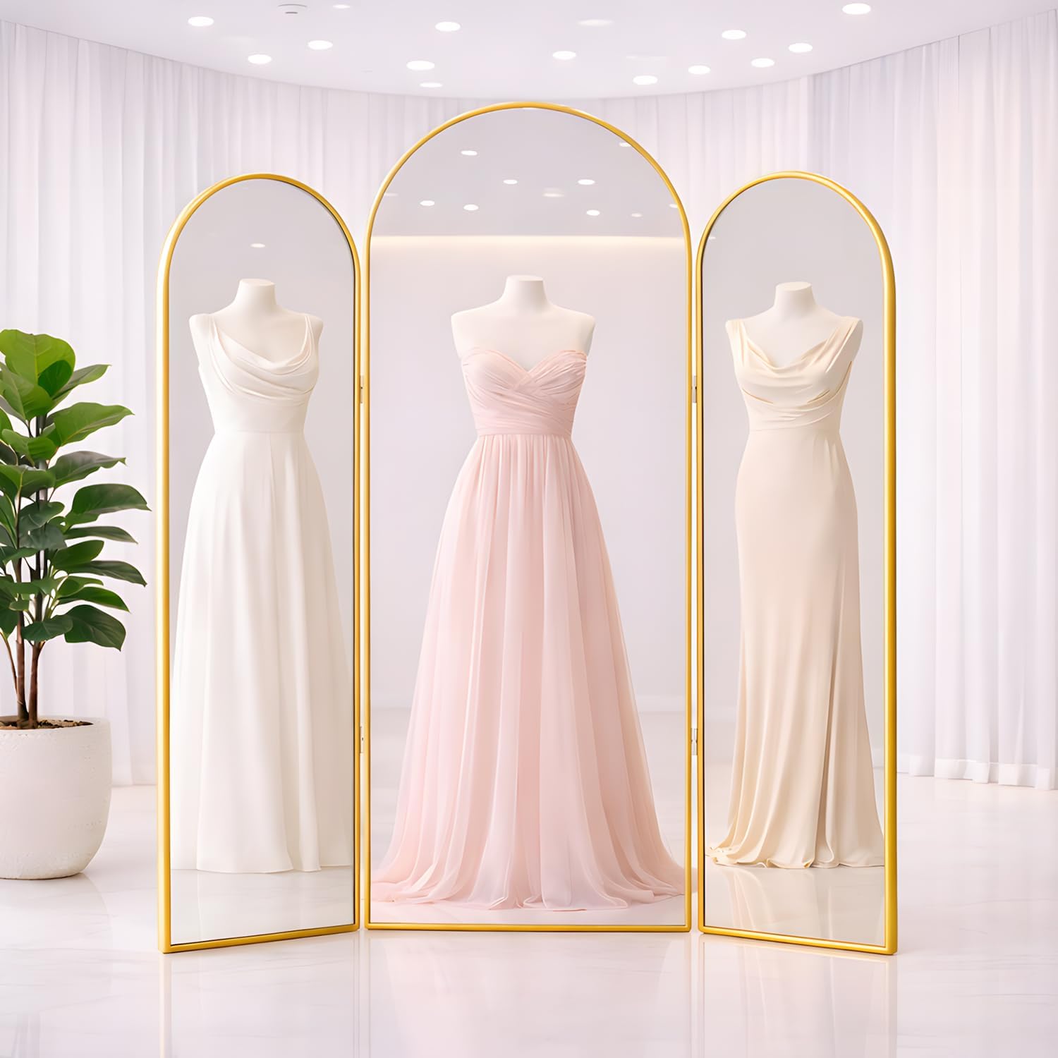 3 Way Arched Full Length Mirror Free Standing, 71"x 52" Large Modern Trifold Mirror with 3 Panel Tempered Glass & Metal Frame, for Dressing Room, Bridal Shop,Clothing Store (Gold, 71"L x 52"W)