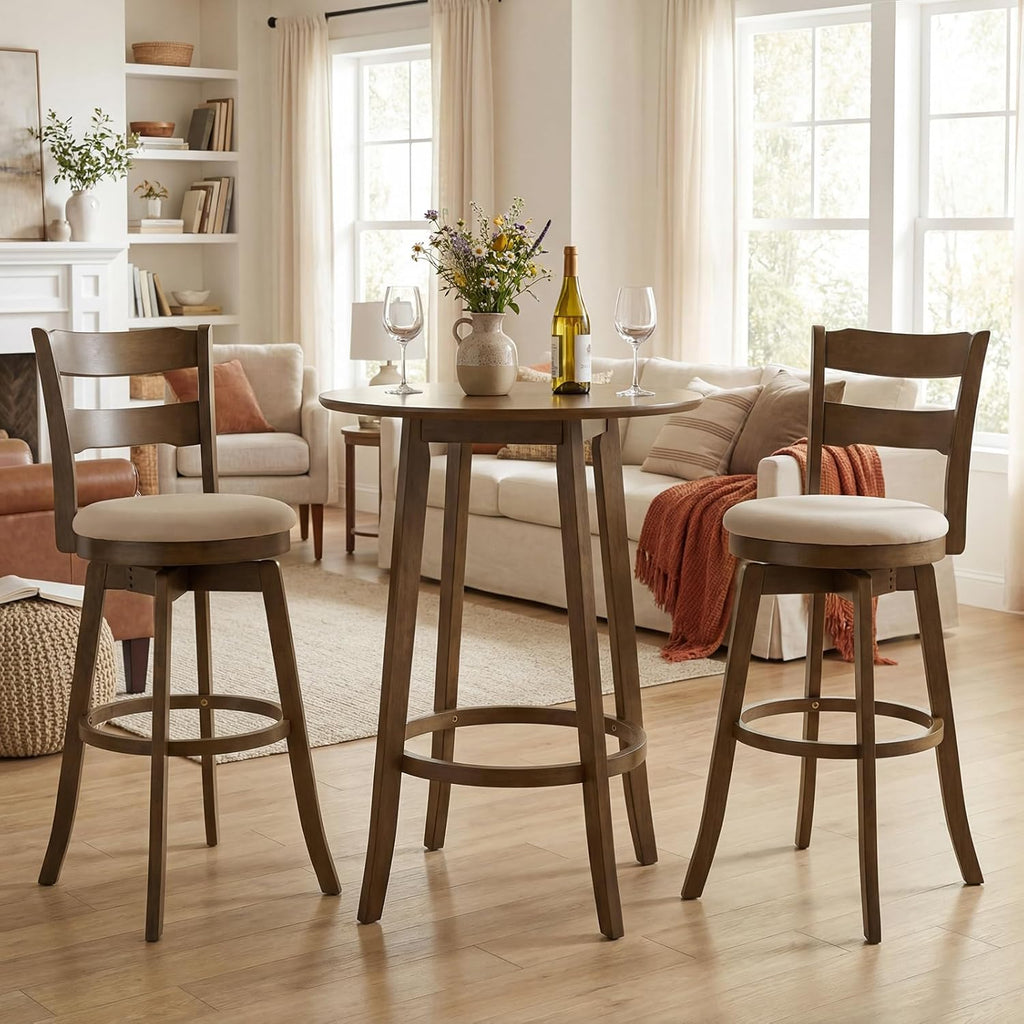 COSTWAY 30.5” Swivel Barstools Set of 2, 360° Rotating Bar Height Chairs with Backrest & Upholstered Seat, Rubber Wood High Top Seats with Footrest for Kitchen Island (2,30.5")
