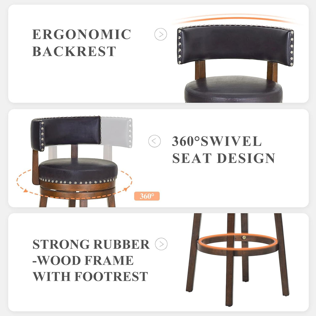 COLAMY Swivel Bar Stools Set of 4, 30 Inch Swivel Counter Height Stools, Modern Upholstered Wooden Barstools with Back for Kitchen Island Dining Room Bar, Dark Brown