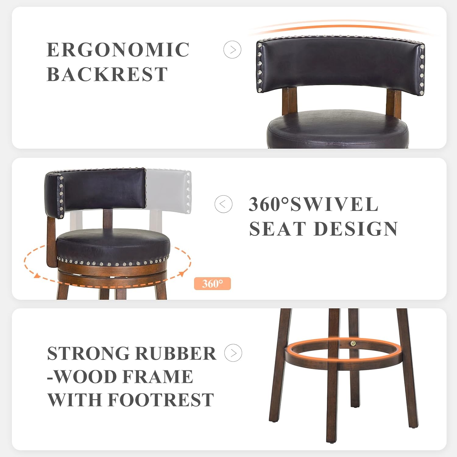 COLAMY Swivel Bar Stools Set of 4, 30 Inch Swivel Counter Height Stools, Modern Upholstered Wooden Barstools with Back for Kitchen Island Dining Room Bar, Dark Brown