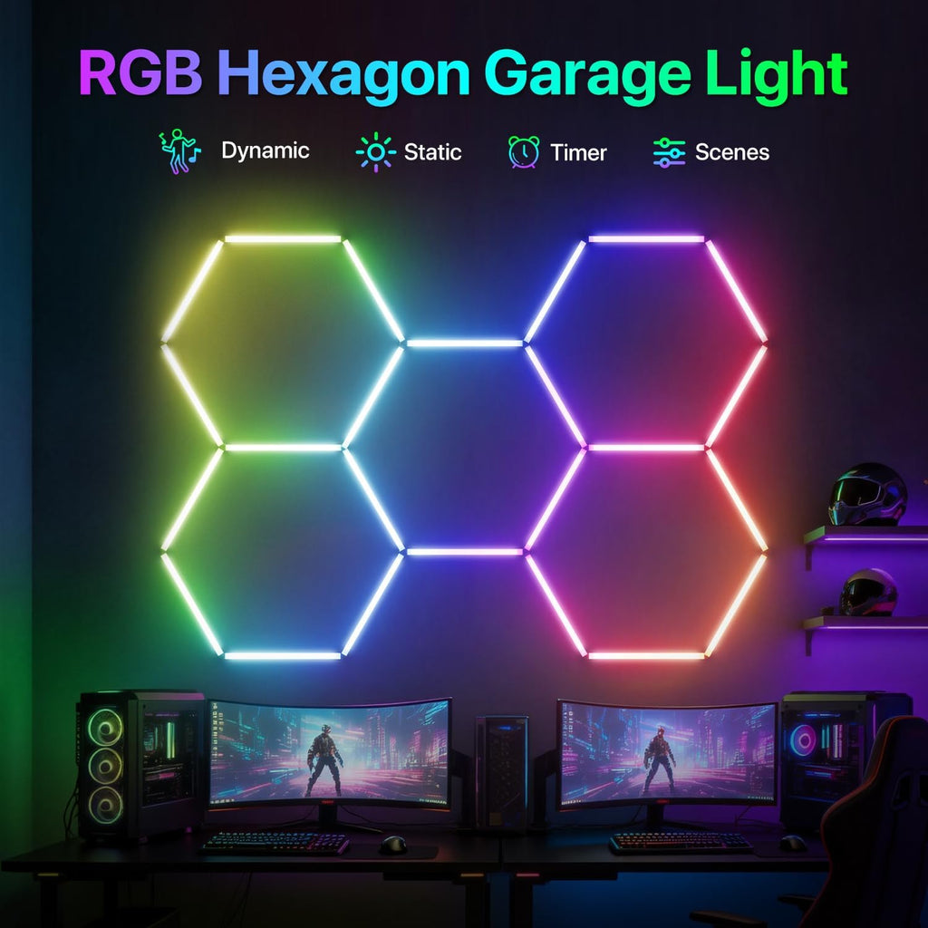 Glitgate RGB Hexagon Garage Lights, LED Hex Lights with App & Remote Control, DIY Modular Honeycomb Lighting System, Music Sync Dimmable Smart Ceiling Light Fixture for Gym, Shop, Gaming Room