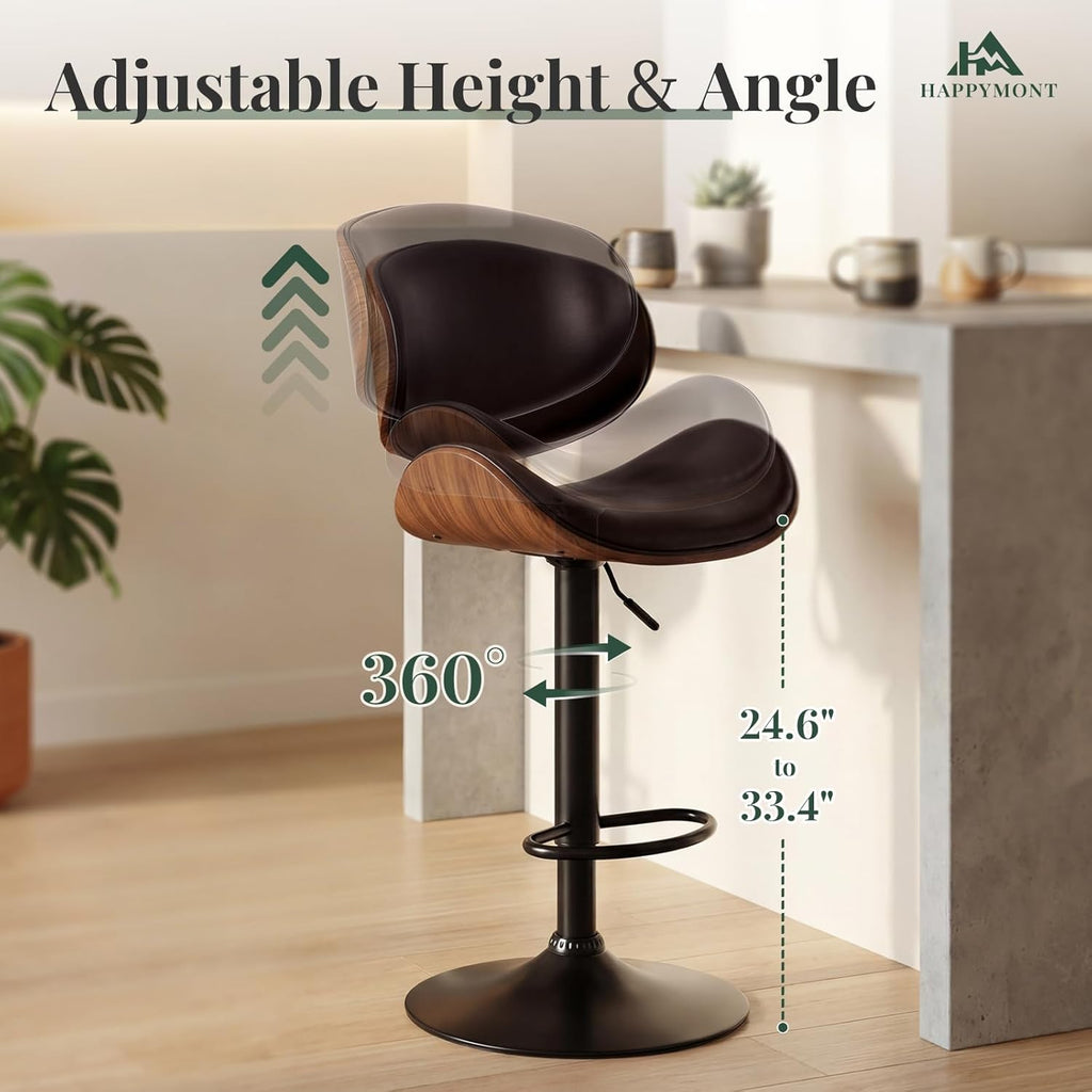 Swivel Bar Stools Set of 2, Adjustable Height Bentwood Barstools with Removable Back, PU Leather Upholstered Bar Chair for Kitchen Island Dining Room, Brown