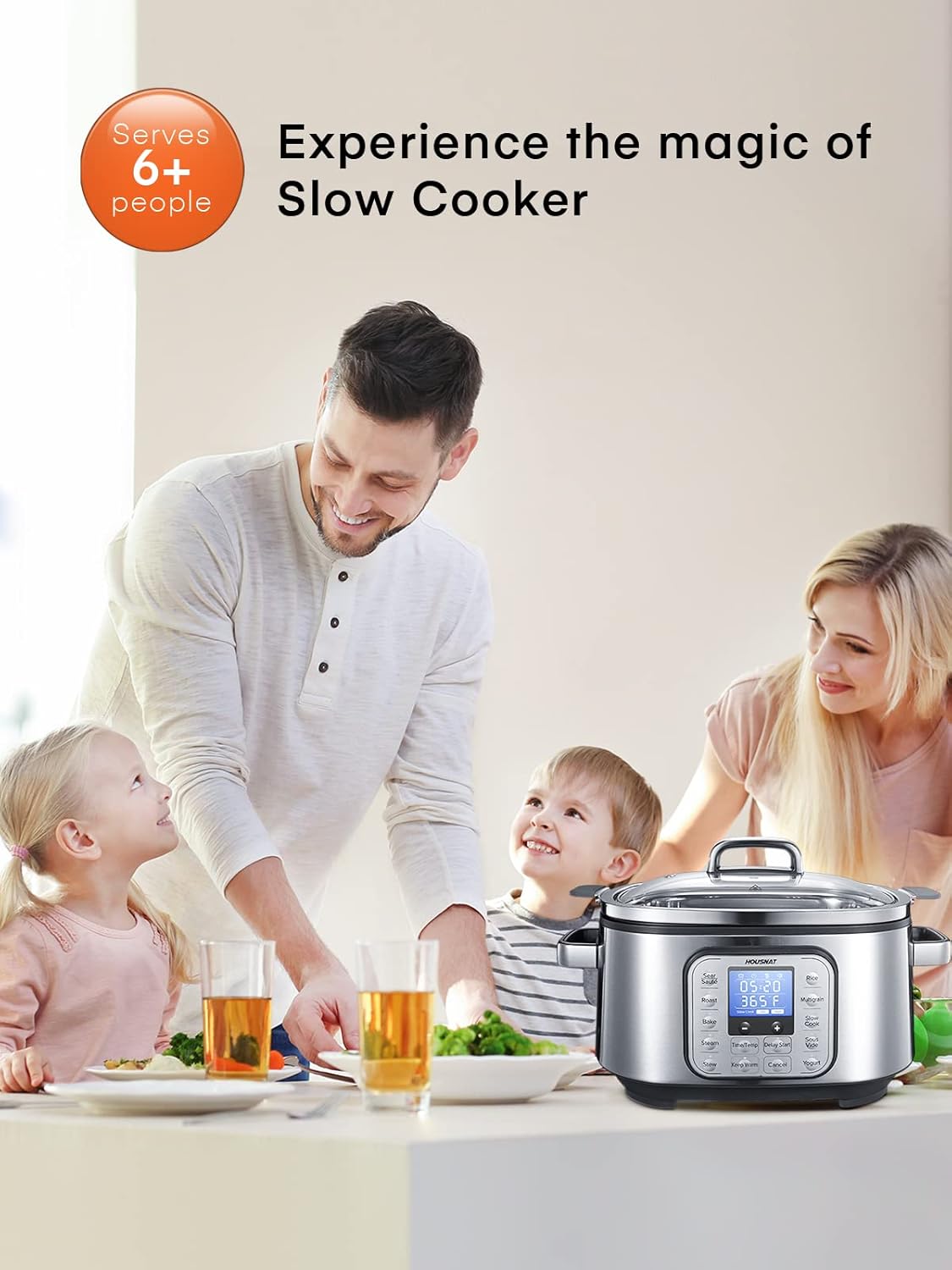 HOUSNAT Slow Cooker, 10 in 1 Programmable Slow Cooker 6QT 304 Stainless Steel Inner Pot, Multi-Cooker with Rice, Yogurt, Sauté, Steam, Delay Start & Adjustable Temp – for Large Families & Entertaining
