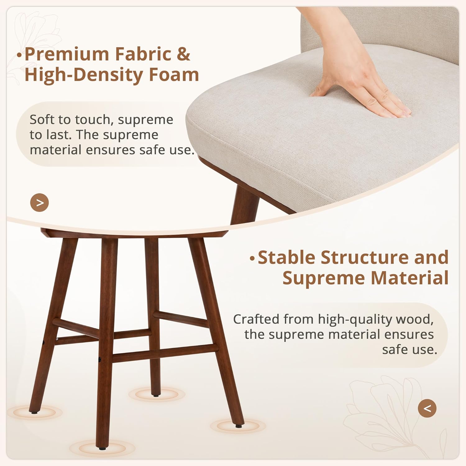 LUE BONA Counter Height Bar Stools Set of 3, Upholstered Barstools with Wooden Legs and Backs, 19.7" W & 27.6" H Counter Stools for Kitchen Counter, Fabric in Beige
