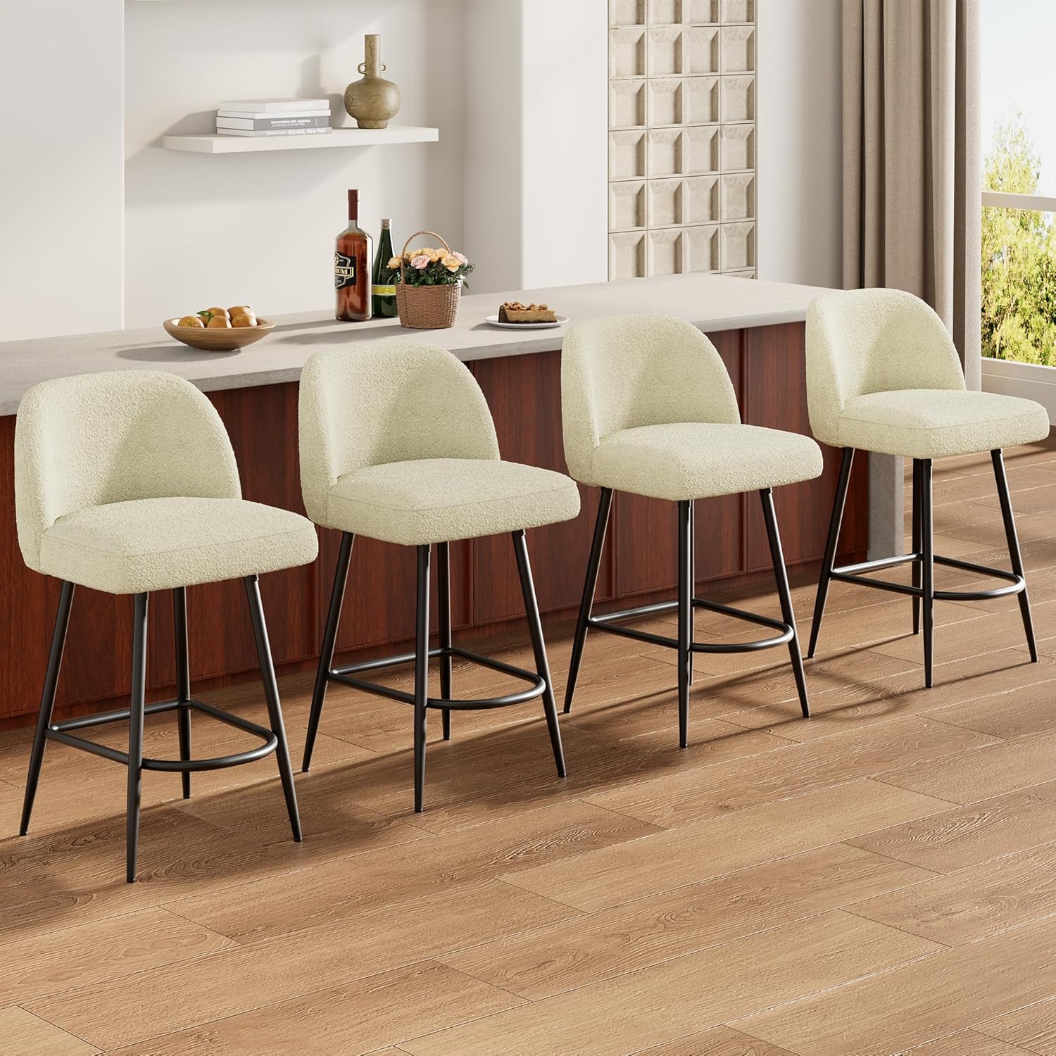 GarveeHome 26" Modern Upholstered Barstools with Backs and Metal Legs, Counter Height Bar Stools Set of 4, Faux Sherpa High Chairs with Arc Metal Footrest for Kitchen Island, Beige