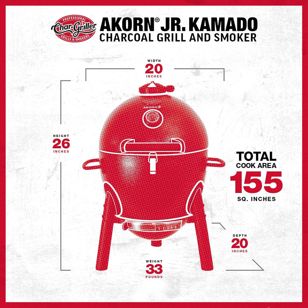Char-Griller® AKORN® Jr. Portable Kamado Charcoal Grill and Smoker with Cast Iron Grates and Locking Lid with 155 Cooking Square Inches in Ash, Model E86714