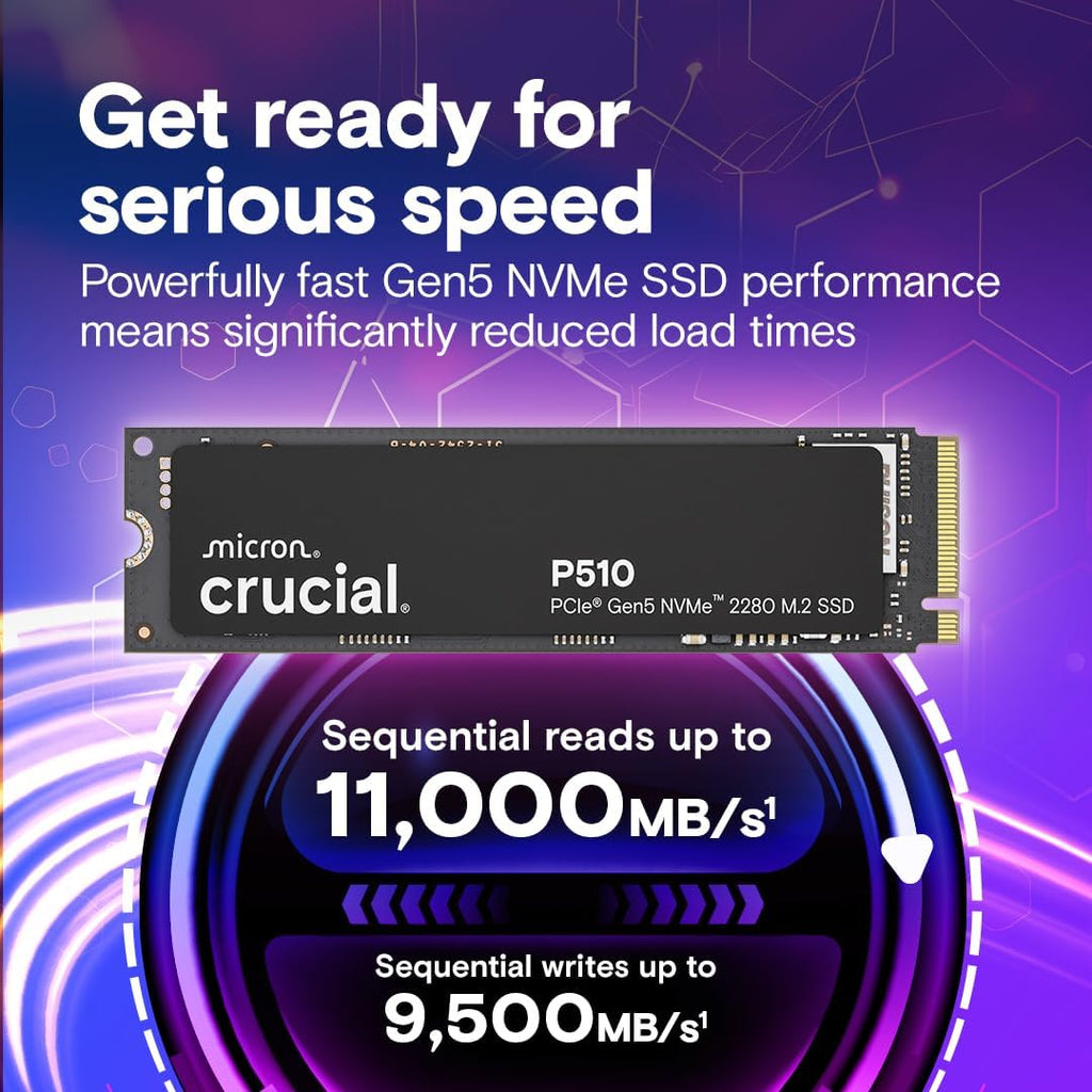 Crucial P510 PCIe Gen5 NVMe 1TB SSD, Up to 11,000MB/s, TLC NAND, Laptop & Desktop (PC) Compatible, for Gamers & Creatives, Solid State Drive – CT1000P510SSD8-01