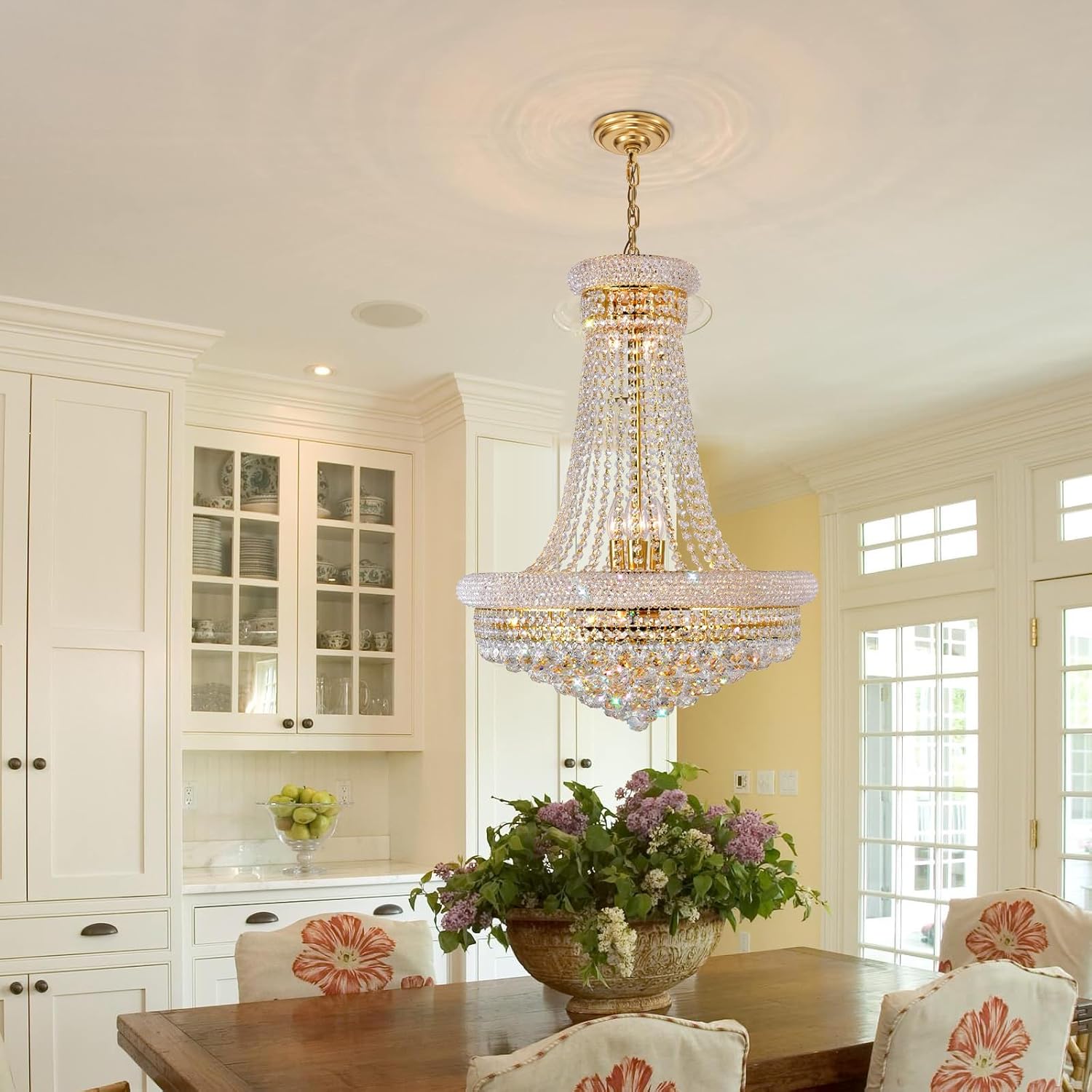 24'' Gold Crystal Chandelier Lighting, 13-Light Modern Gold French Empire Foyer Chandelier, Crystal Raindrop Hanging Pendant Light Fixture for Dining Living Room Bedroom Kitchen Shop