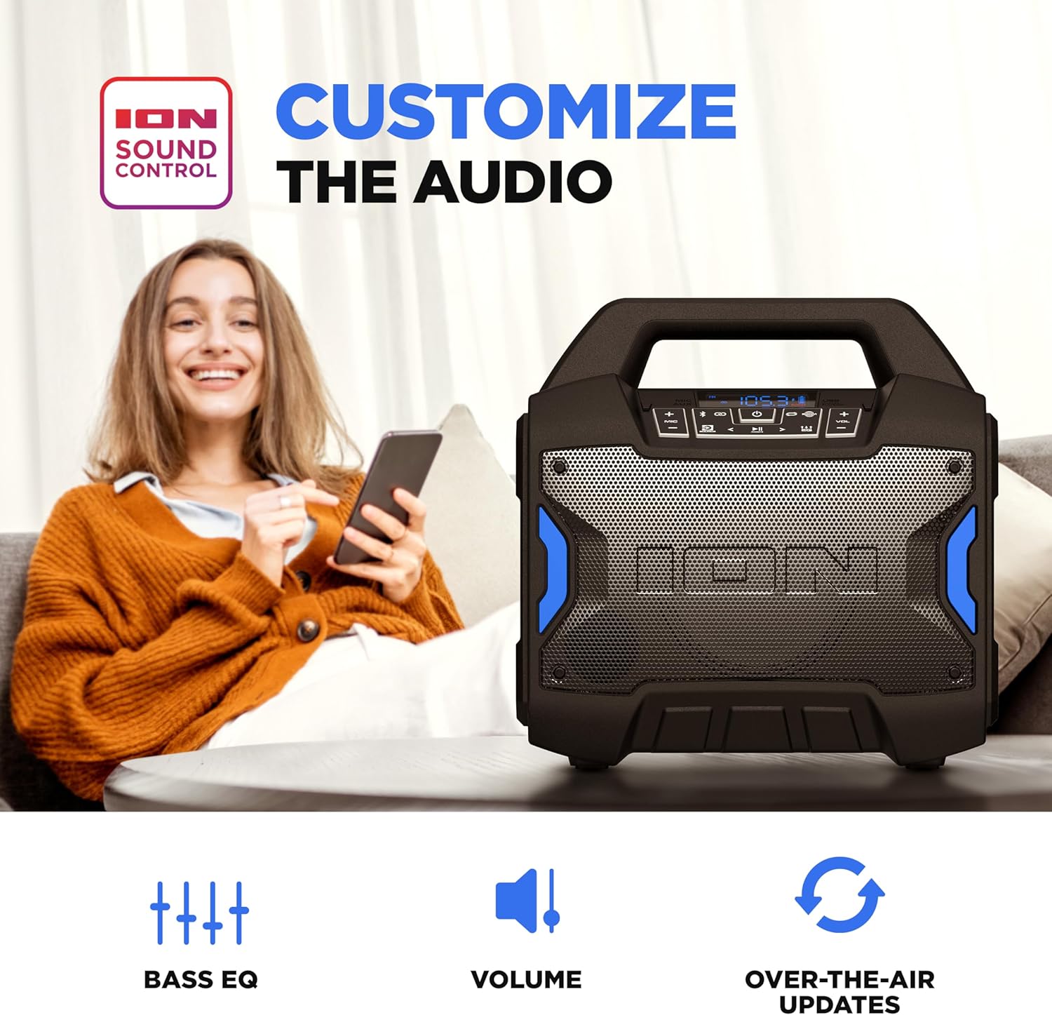ION Tailgater Boom - Outdoor Portable Bluetooth Speaker with Mic in, FM Radio, USB Port, Battery, IPX5 Water-Resistant, Wireless Stereo-Link, App, 60W