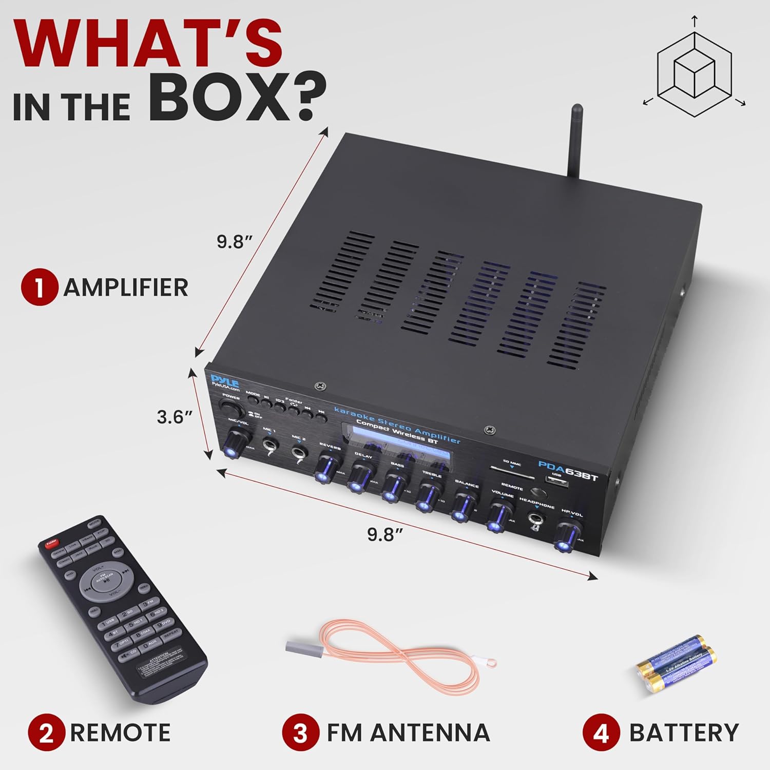 Pyle Wireless BT Stereo Amplifier - Multi Channel, 200 Watt Power, Home Audio Receiver System with FM Radio, BT, USB SD, AUX, RCA, Mic-in, BT and FM Antenna
