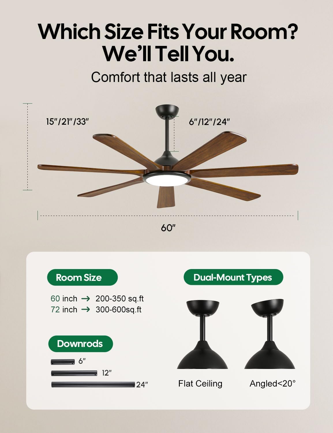 60 inch Smart Wood Ceiling Fan with Light, Remote/Alexa/App Control, Farmhouse Rustic Style, 7 Solid Walnut Blades, Indoor Outdoor High CFM Quiet DC Motor, Damp Rated for Covered Patio, Living Room