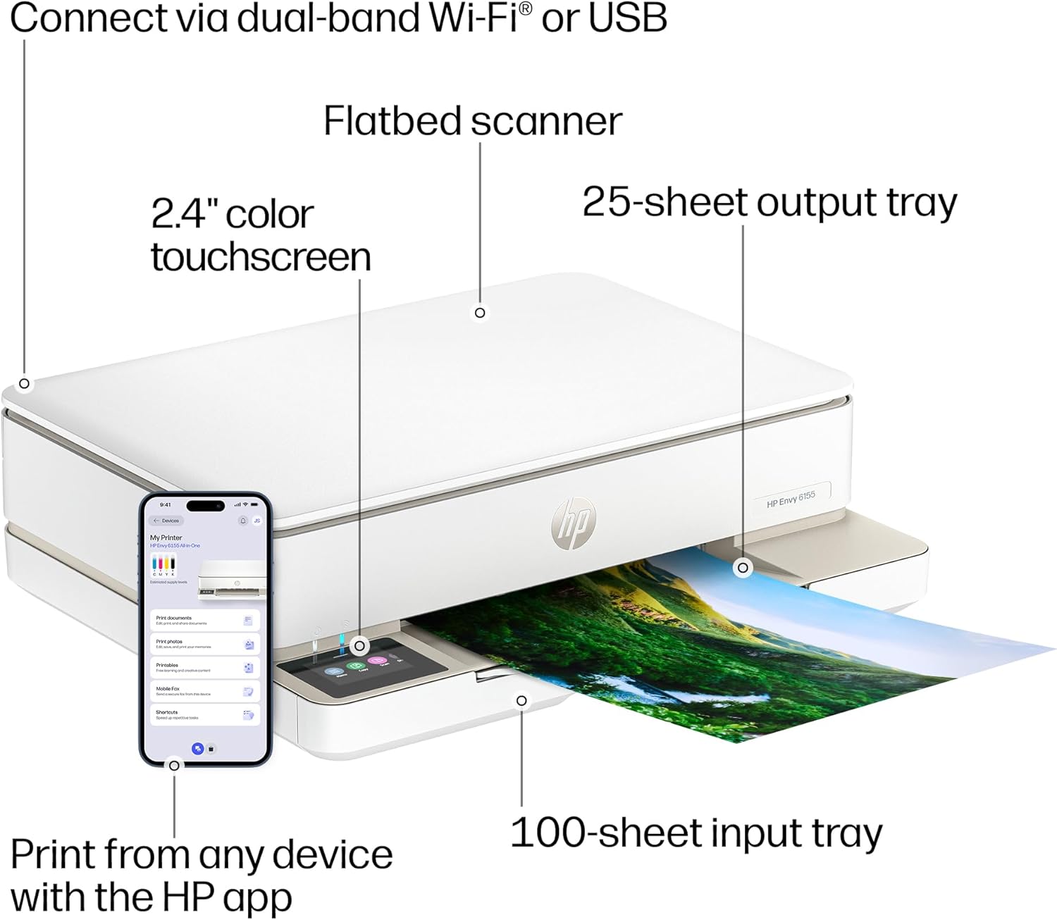 HP Envy 6155 Wireless All-in-One Color Inkjet Printer, Print, Scan, Copy, Duplex Printing Best-for-Home, 3 Month Trial of Instant Ink Included, AI-Capable (C2WR7A) Portobello