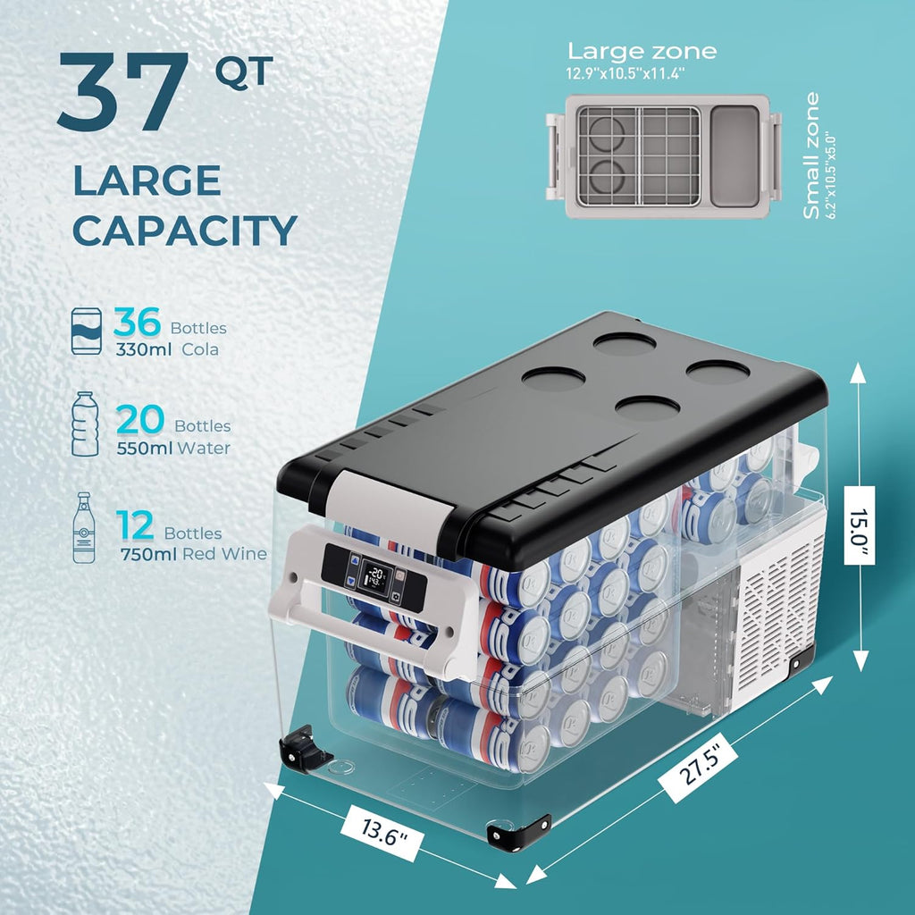 EUHOMY 12 Volt Refrigerator, 38QT(35L) Electric Cooler, 12V Fridge APP Control, 12V Cooler -4℉~68℉, Portable Freezer 12/24V DC 100-240V AC for Camping, Travel, Truck, Home