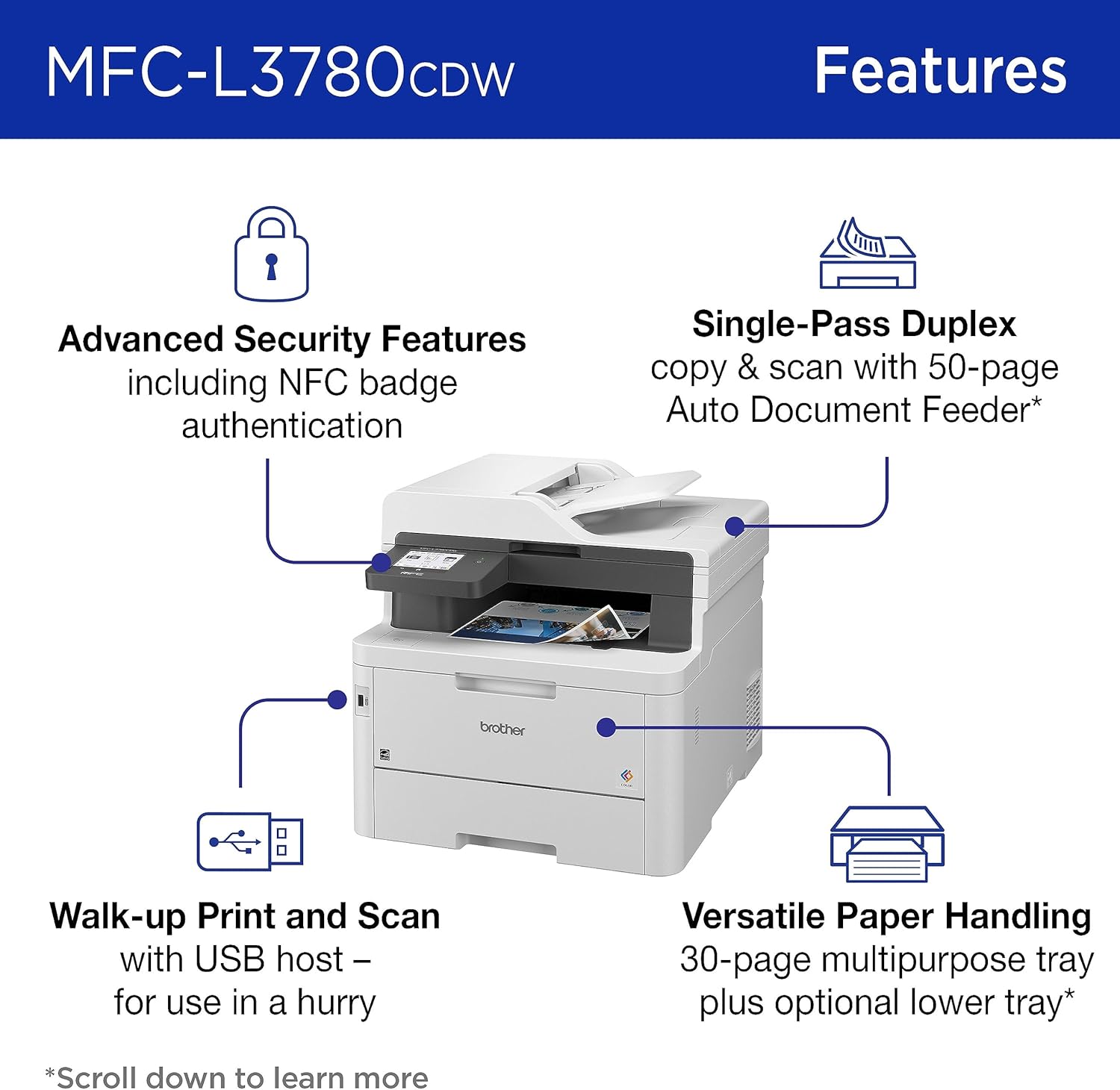 Brother MFC-L3780CDW Wireless Digital Color All-in-One Printer with Laser Quality Output, Single Pass Duplex Copy & Scan | Includes 2 Month Refresh Subscription Trial, Works with Alexa