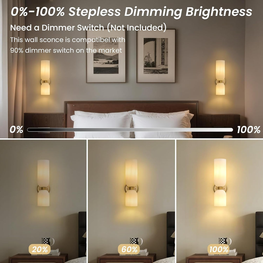Mid Century Bathroom Wall Sconce - Set of 2 Modern Brushed Gold Brass Sconces - Frosted Milk White Glass Indoor Dimmable Lighting Fixture with Bulb - Double Vanity Lights for Bedroom Living Room Decor