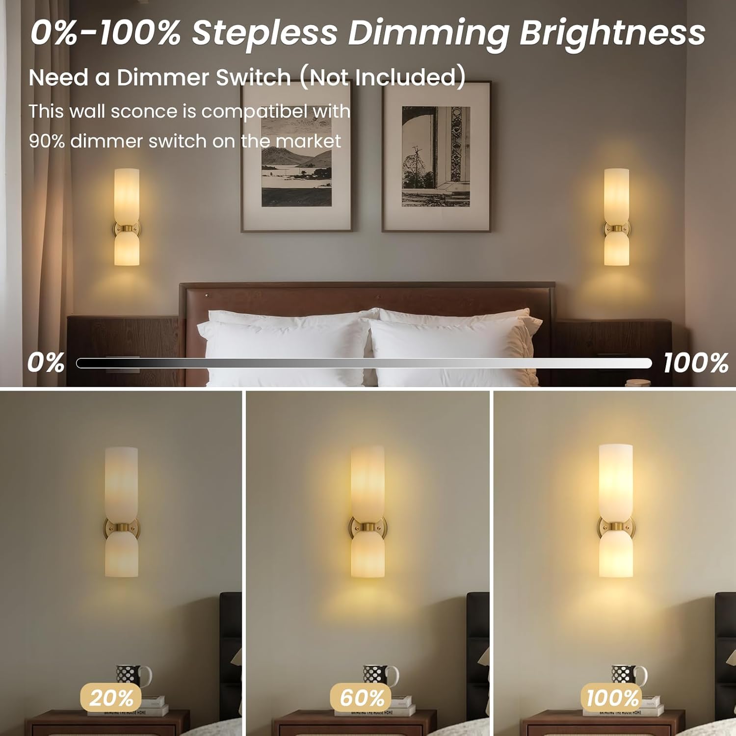 Mid Century Bathroom Wall Sconce - Set of 2 Modern Brushed Gold Brass Sconces - Frosted Milk White Glass Indoor Dimmable Lighting Fixture with Bulb - Double Vanity Lights for Bedroom Living Room Decor