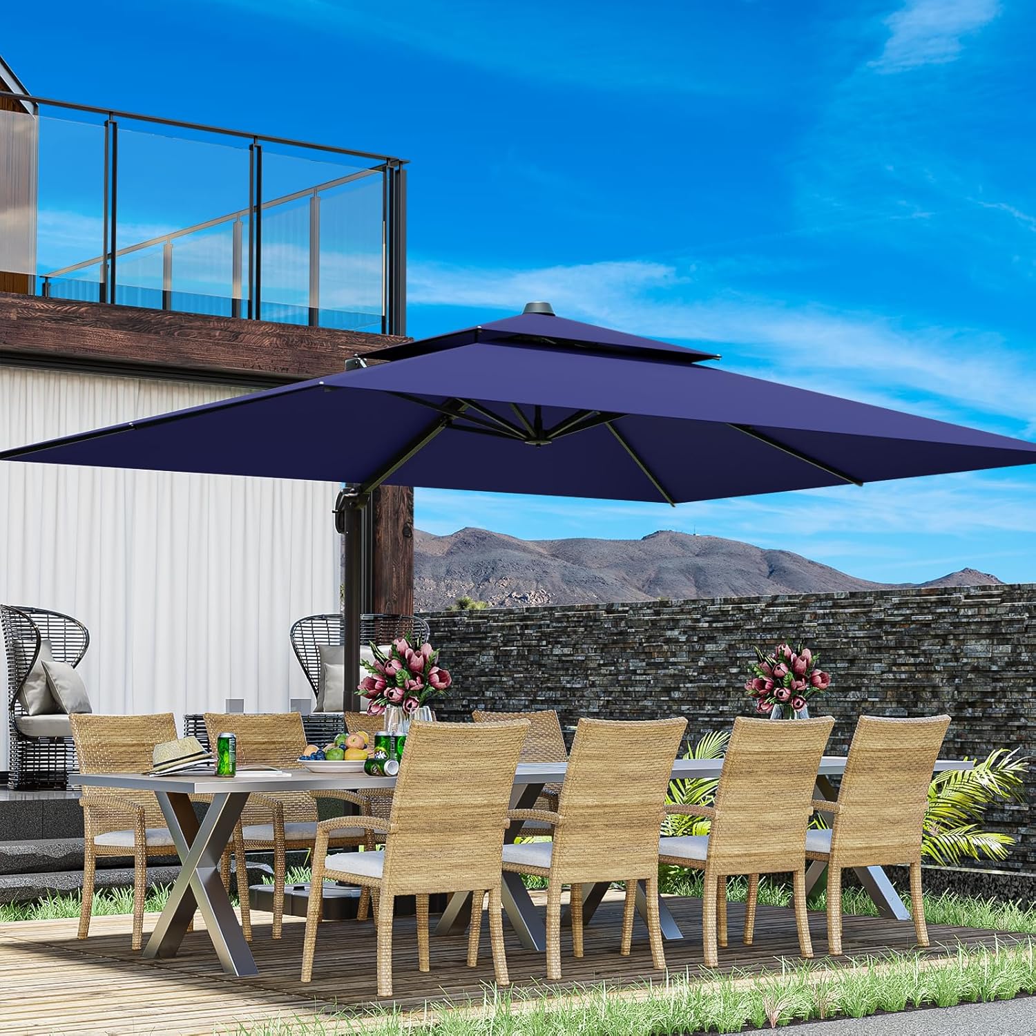 10x13FT Cantilever Outdoor Patio Umbrellas, Double Top Large Rectangle Umbrella, Heavy Duty 360° Rotation Offset Outdoor Sun Shade Umbrella for Garden Deck Pool Backyard Patio, Navy Blue
