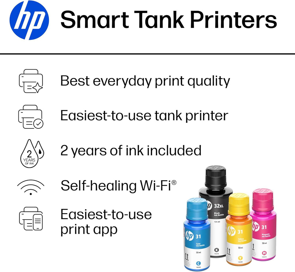 HP Smart Tank 5000 Wireless All-in-One Ink Tank Printer, Scanner, Copier with 2 Years of Ink Included, Best-for-Home, Cartridge-Free, Refillable, AI-Enabled, an EcoTank Alternative (5D1B6A)