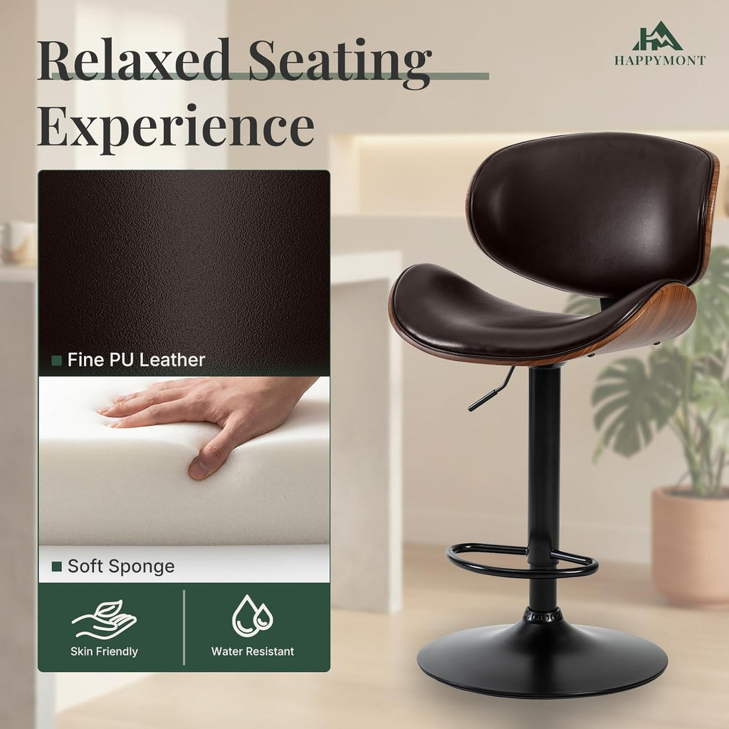 Swivel Bar Stools Set of 2, Adjustable Height Bentwood Barstools with Removable Back, PU Leather Upholstered Bar Chair for Kitchen Island Dining Room, Brown