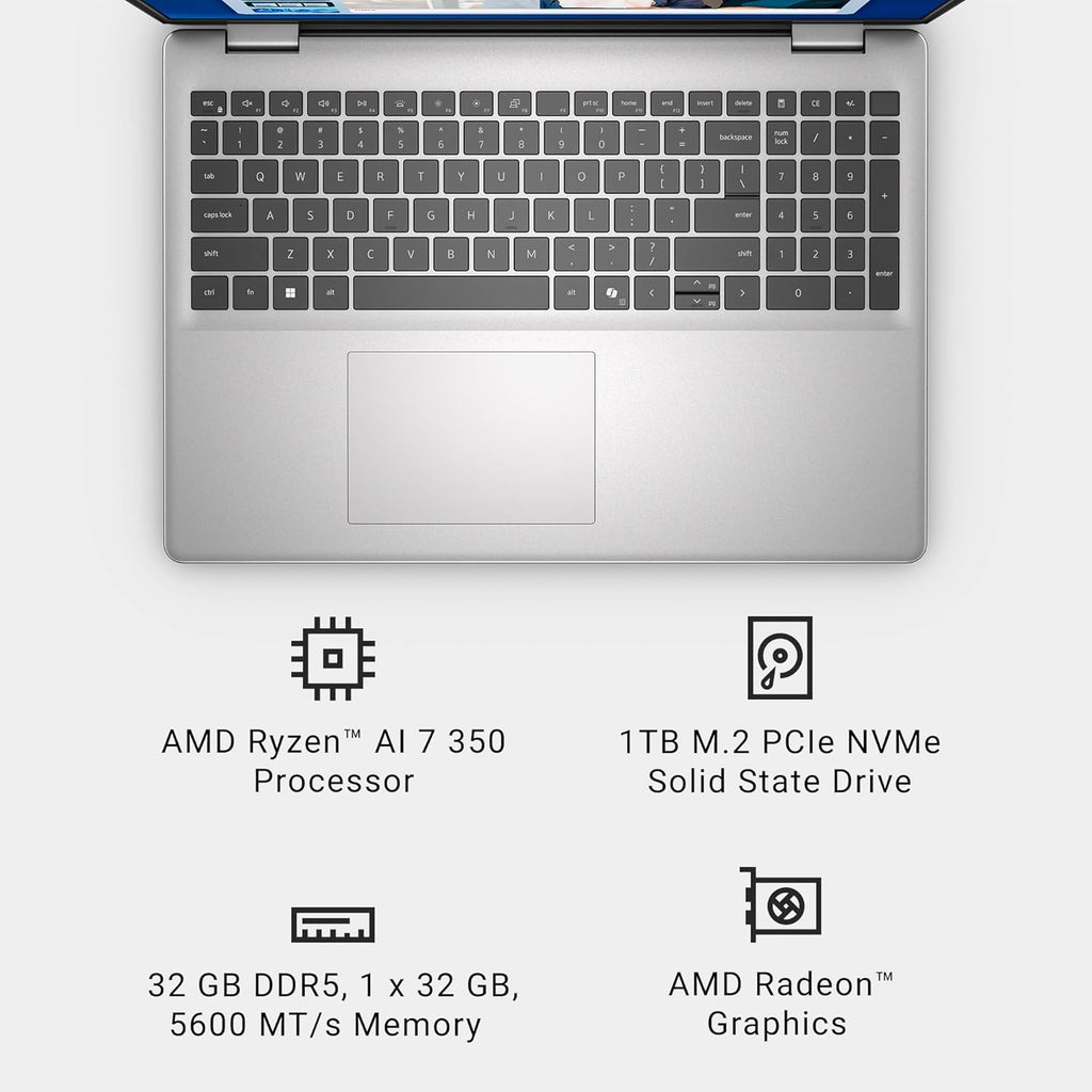 Dell 16 Laptop DC16256-16.0-inch 16:10 2K Touchscreen Display, AMD Ryzen AI 7 350 Processor, AMD Radeon Graphics, 32GB Memory, 1TB SSD, Windows 11 Home, Copilot+, Onsite Service, Platinum Silver